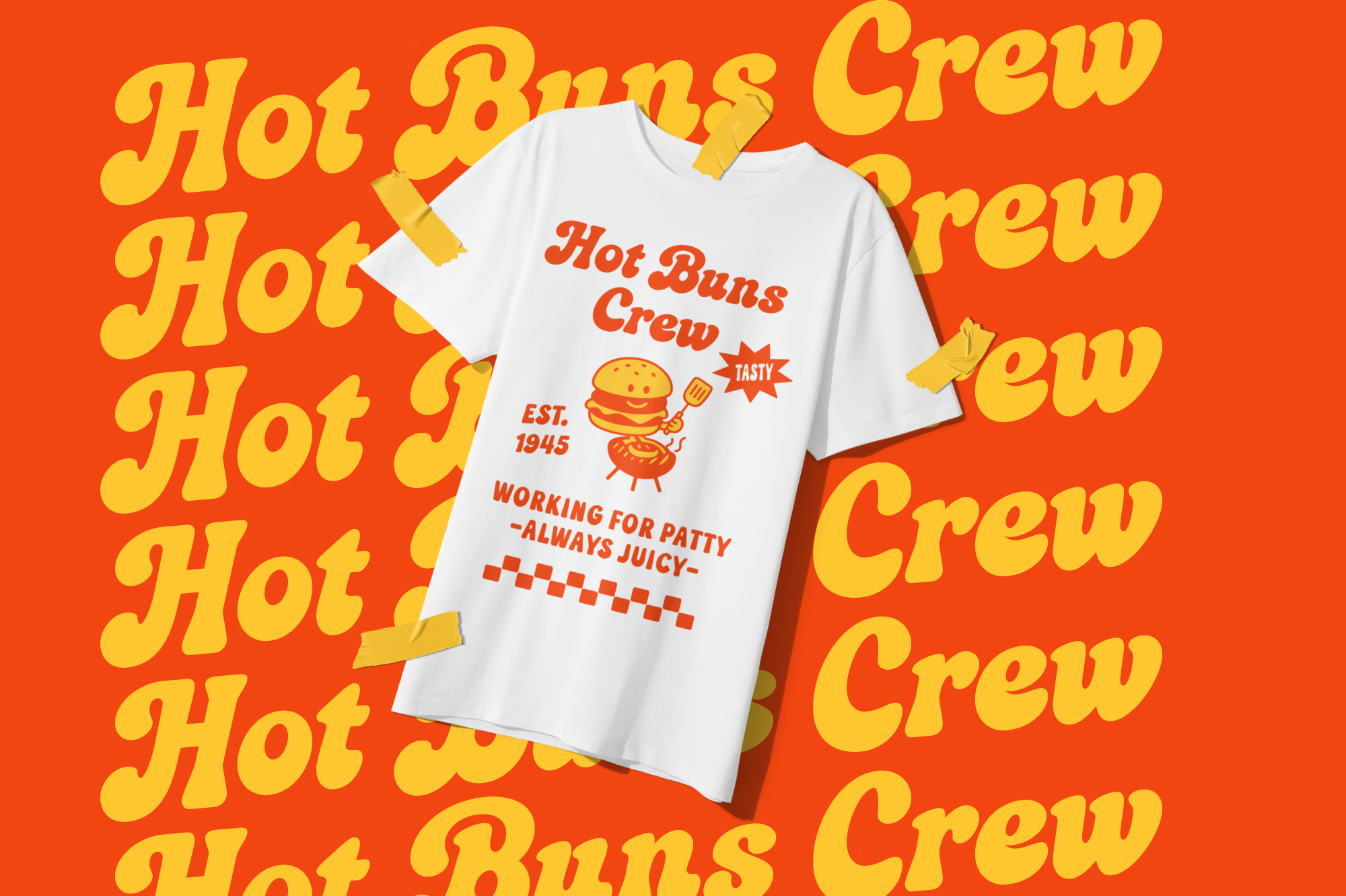 White tee mockup with retro hot buns crew graphic, burger illustration, yellow tape details on bright orange background