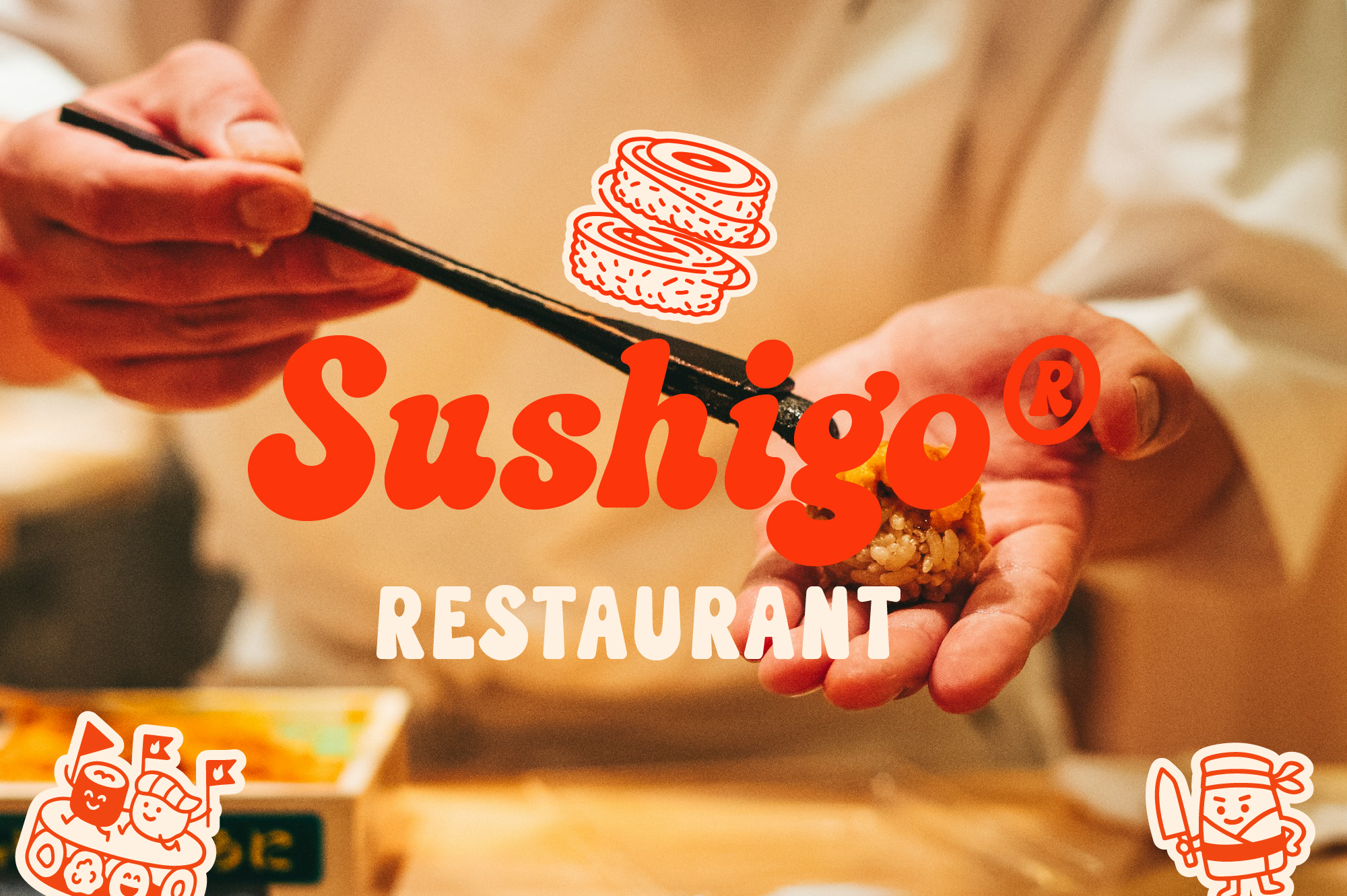 Hands holding chopsticks with sushi roll, red retro branding for Japanese restaurant mockup