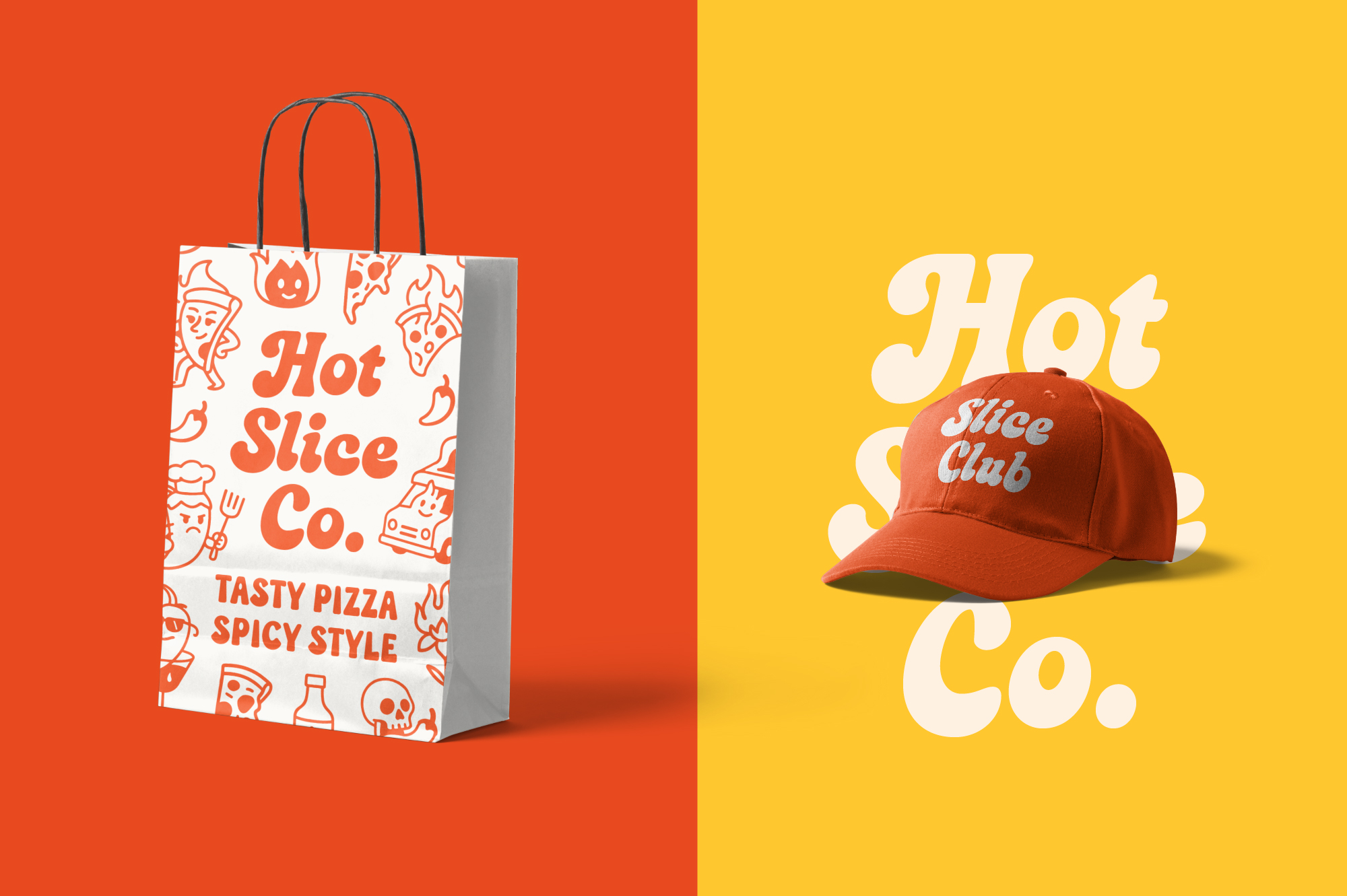 Hot Slice Co. branding mockup with shopping bag, cap, bold retro typography on split background
