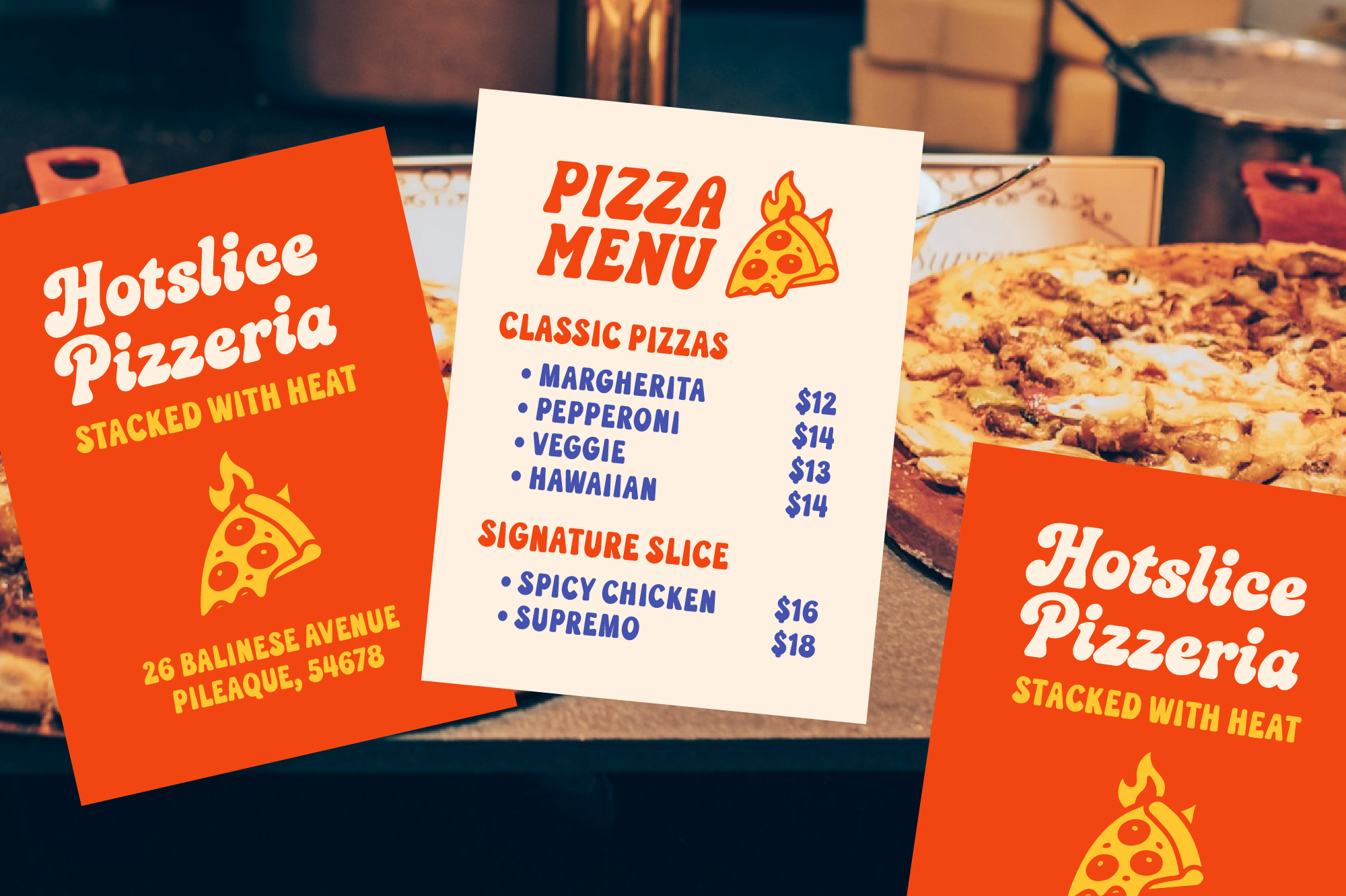 Retro pizza shop branding mockup with bright orange business cards plus cream menu card with classic pricing layout