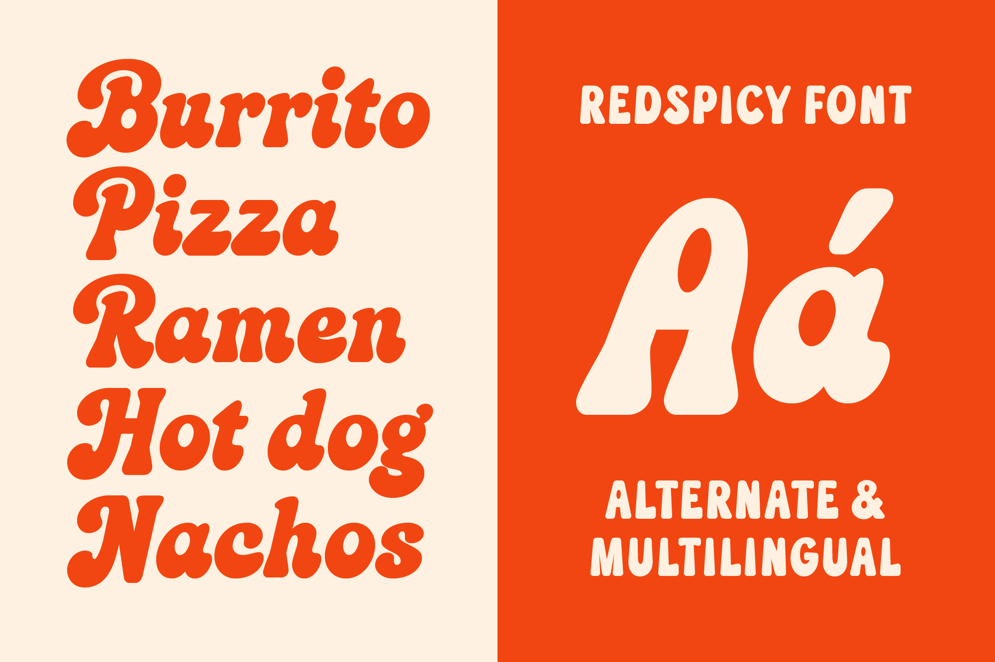Redspicy font with italic letters shown on bright red background next to food words