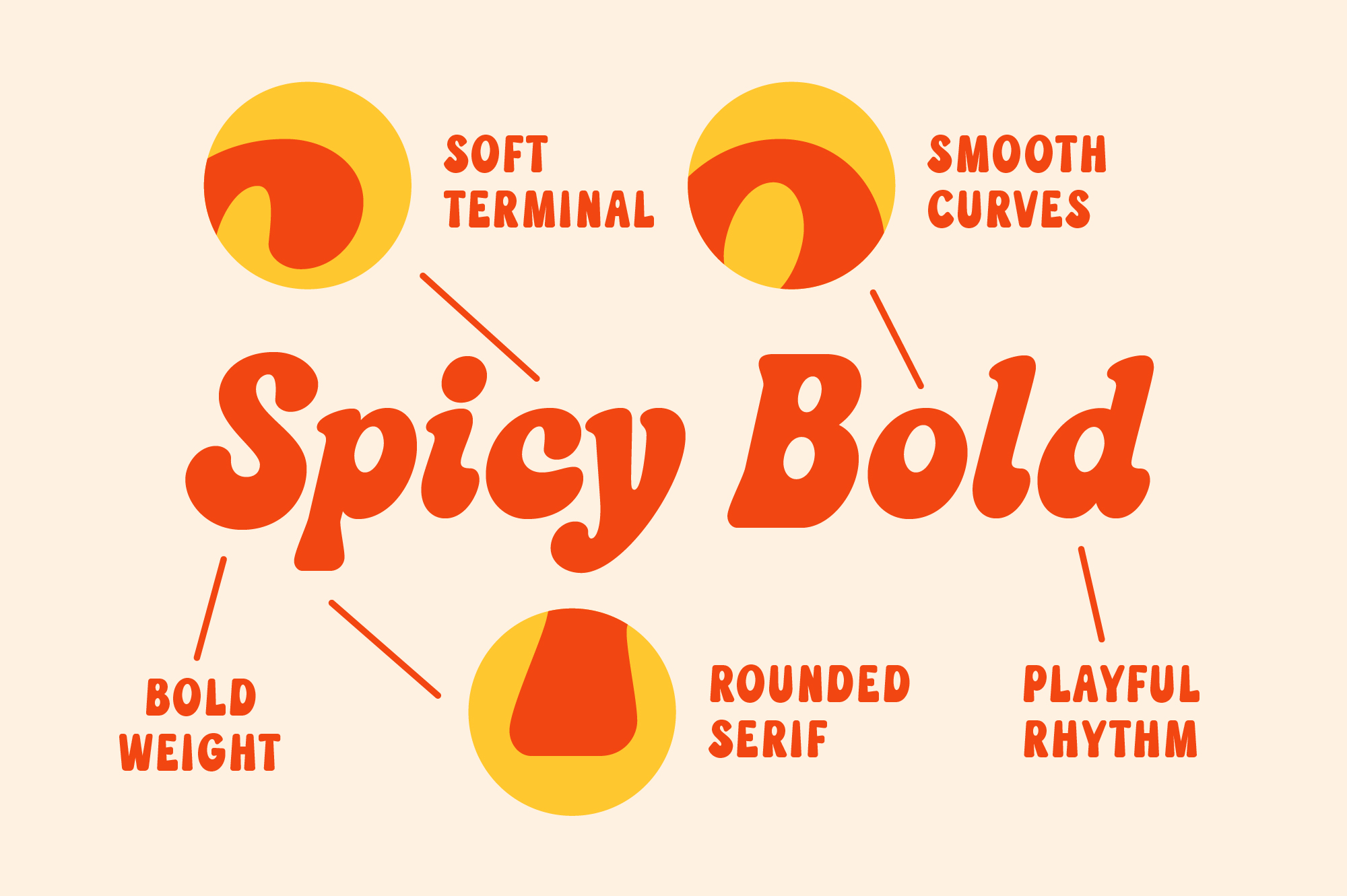 Spicy Bold typeface display with soft terminal details, smooth curves, rounded serif letterforms in red on cream background