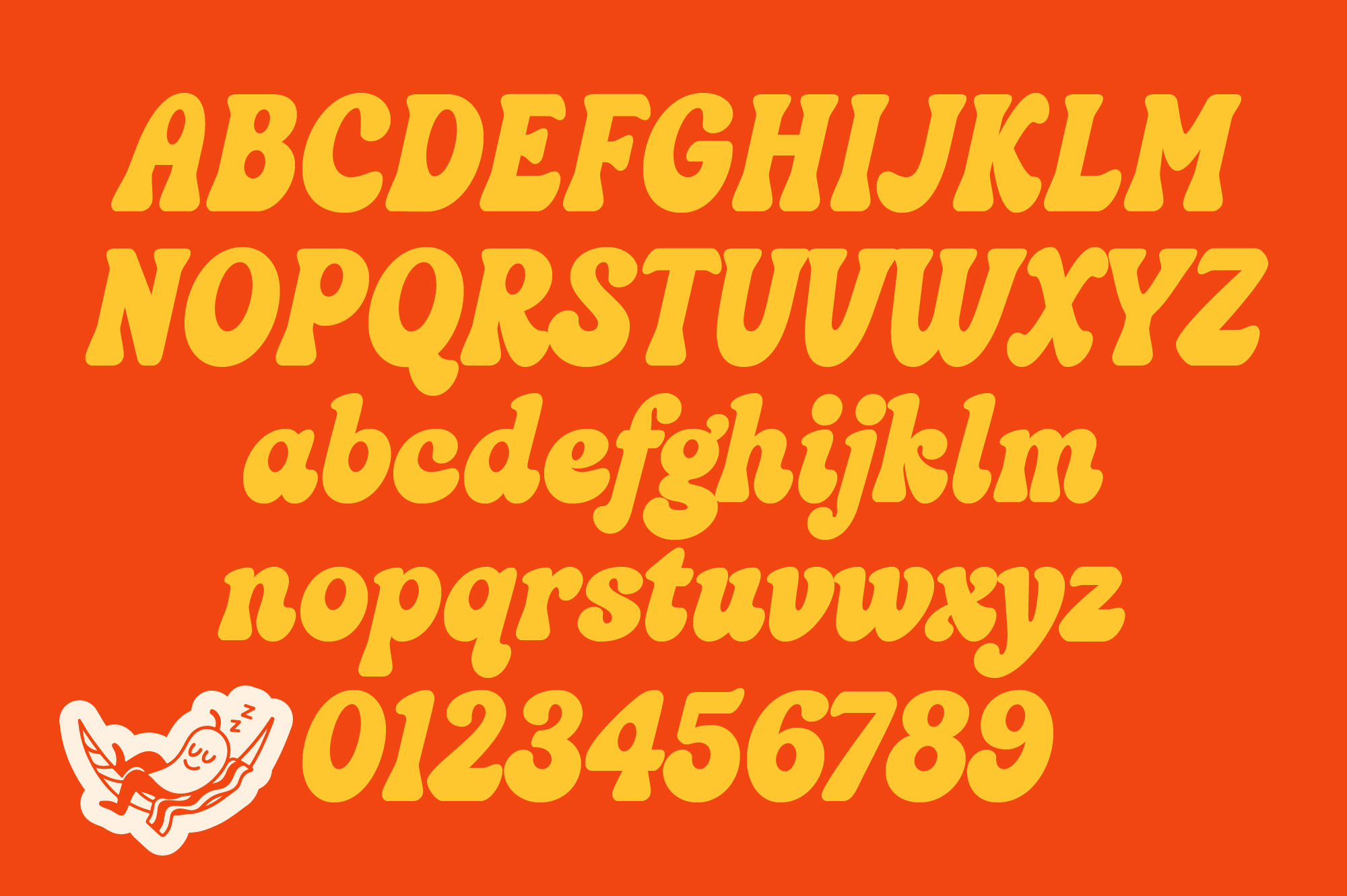 Groovy italic typeface in bright yellow on orange background with numbers