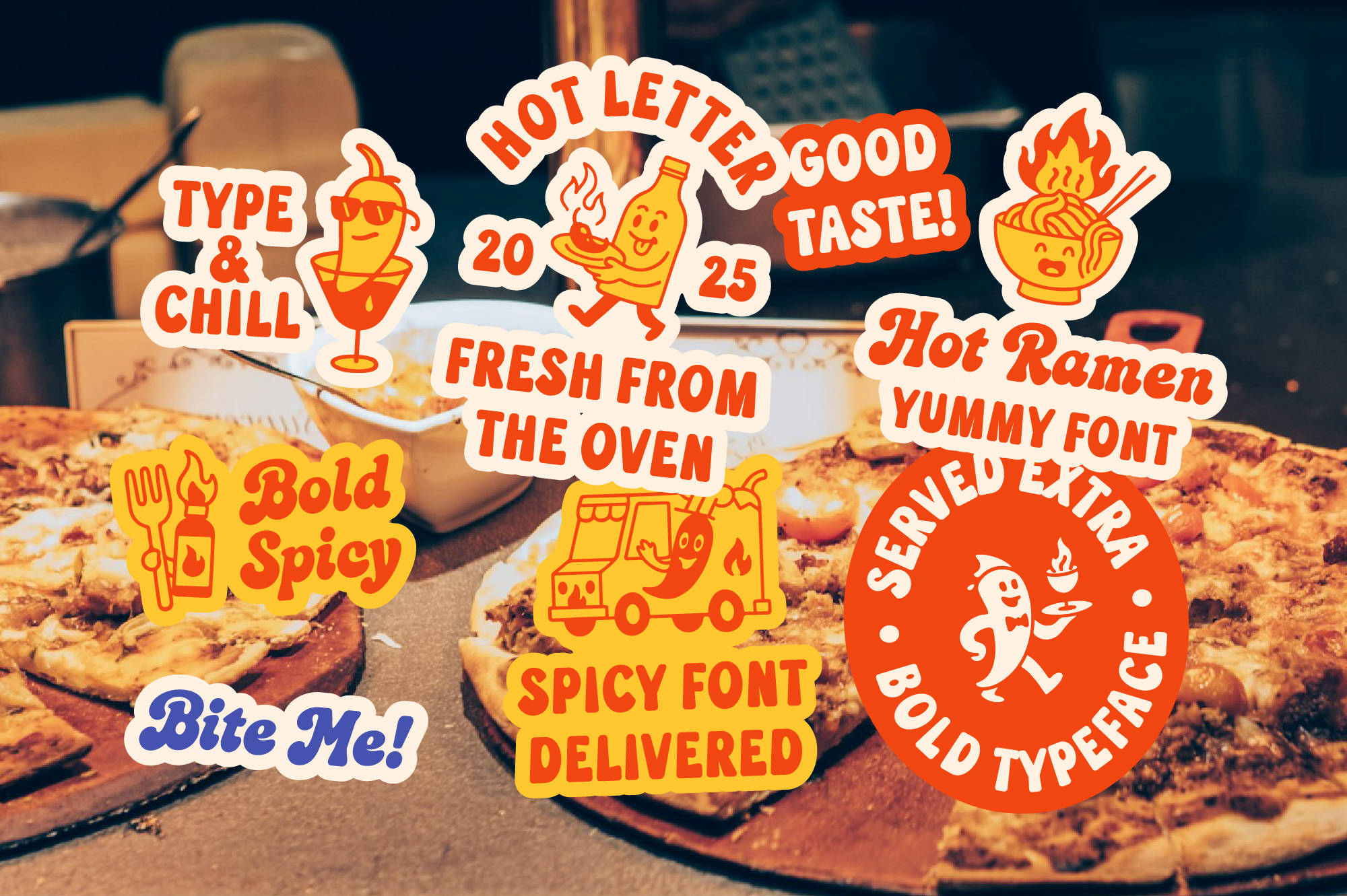 Retro food stickers with fiery vibes, pizza backdrop, bold typography bundle for menus