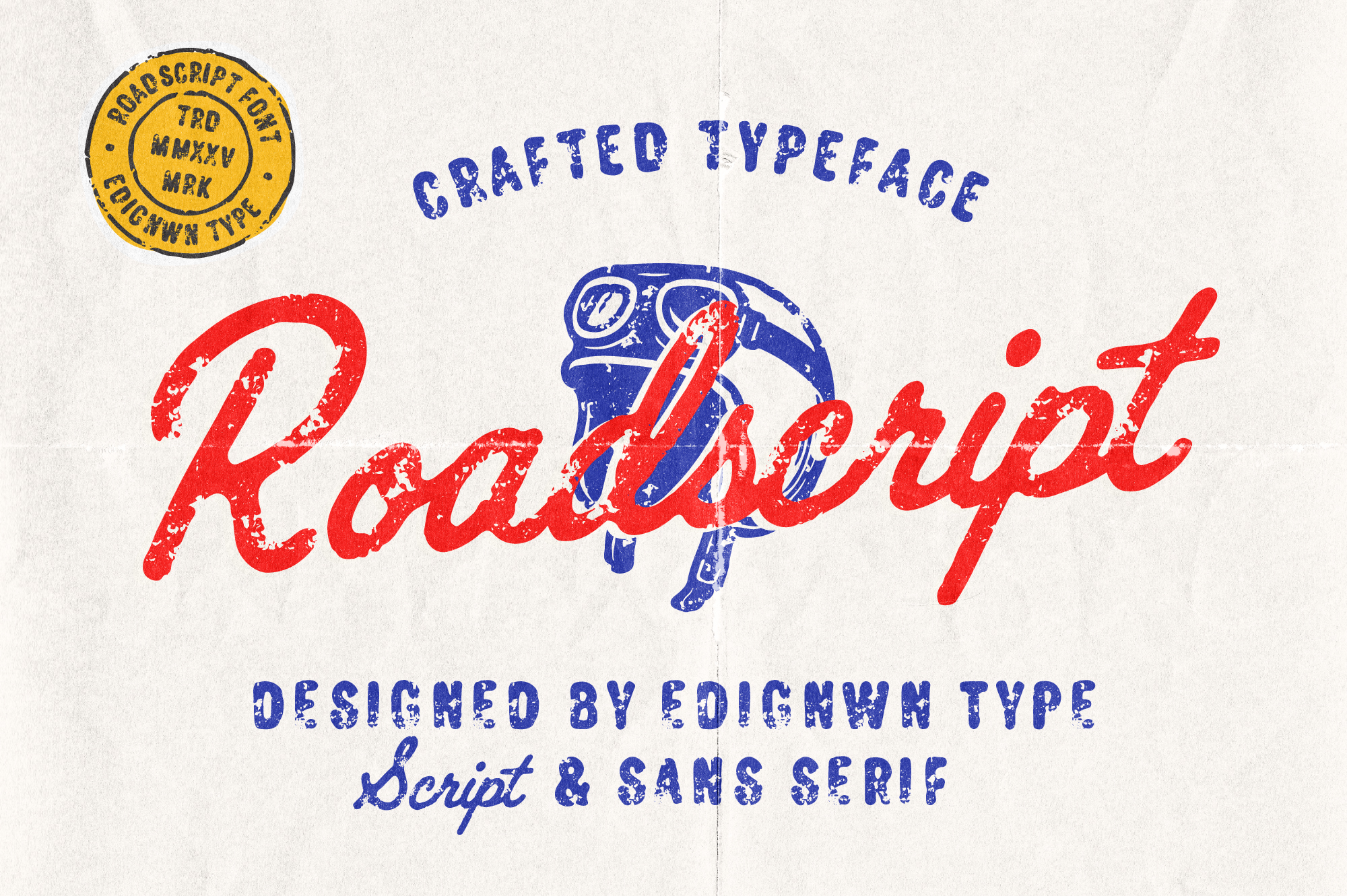 Roadtrip font with distressed red script lettering, vintage badge, blue accents on cream background