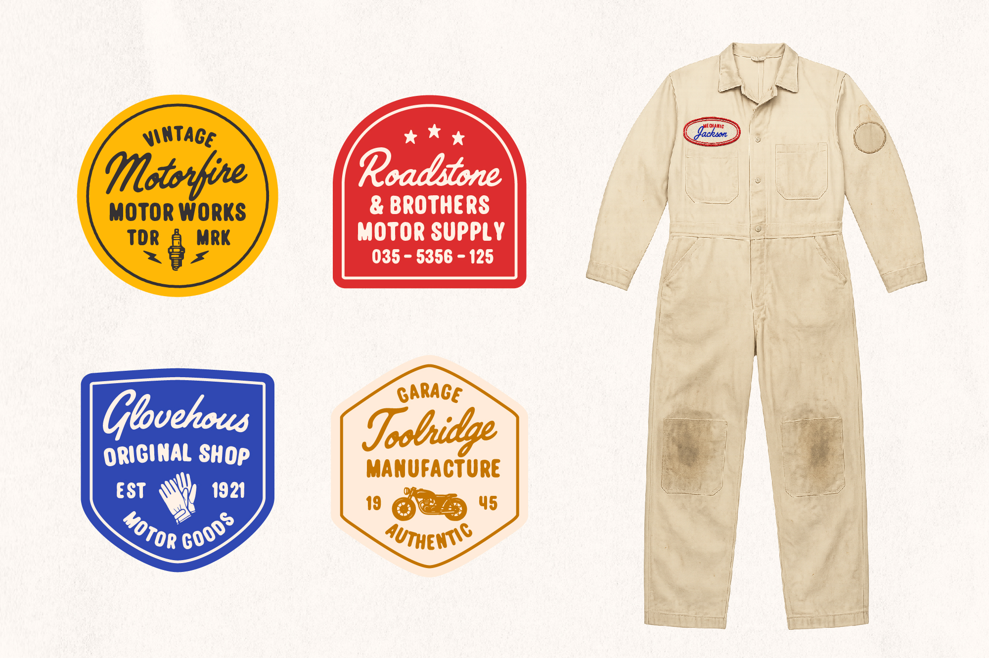 Vintage garage logos with retro mechanic jumpsuit mockup in cream