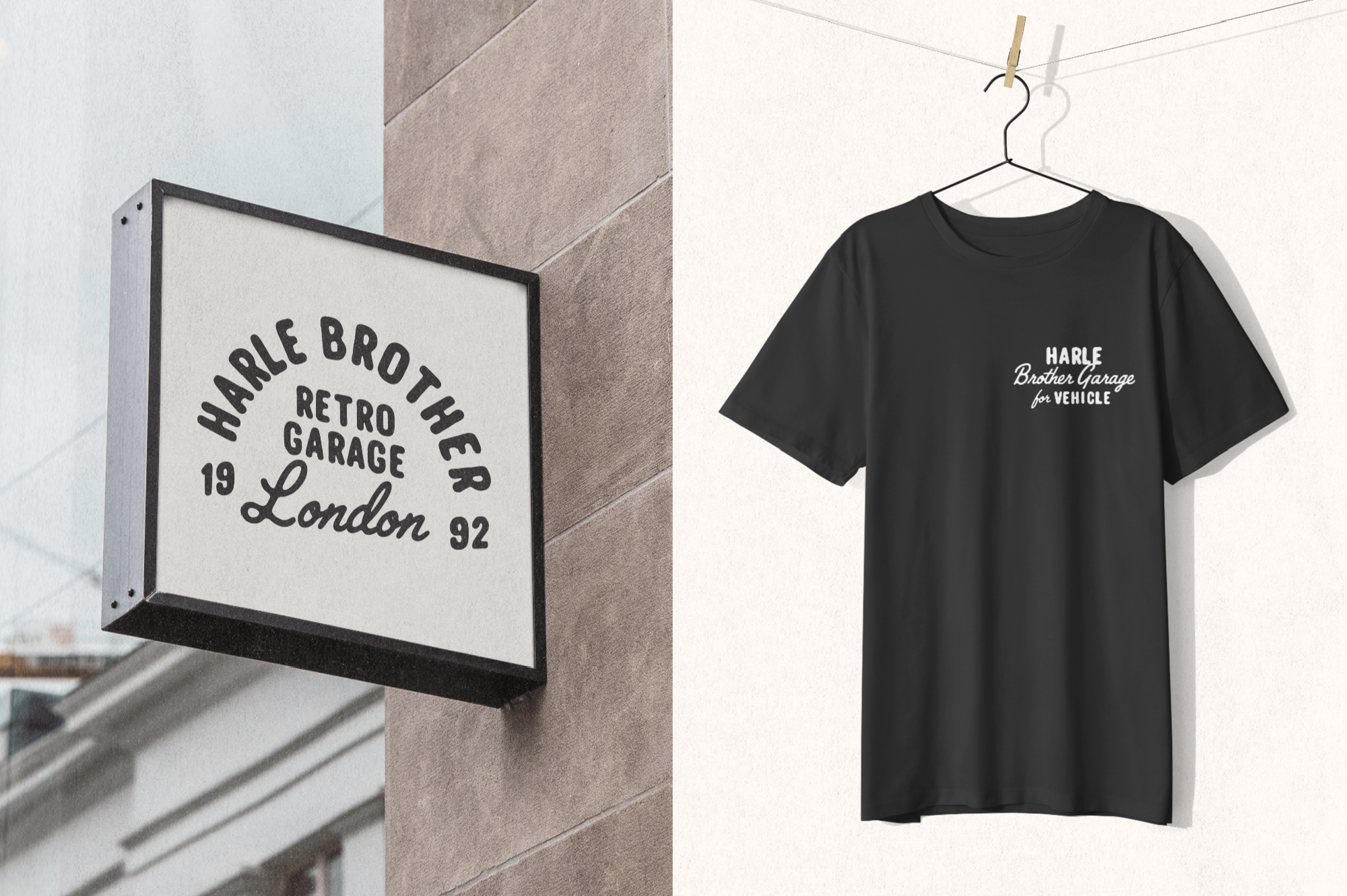Harle Brother Retro Garage signage mockup with matching black tee on hanger