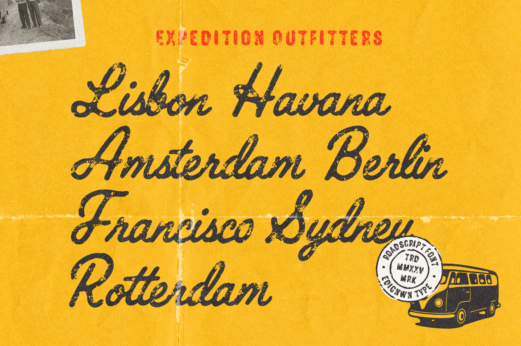 Vintage yellow travel poster with distressed script listing European cities, hanging photo, van illustration with stamp