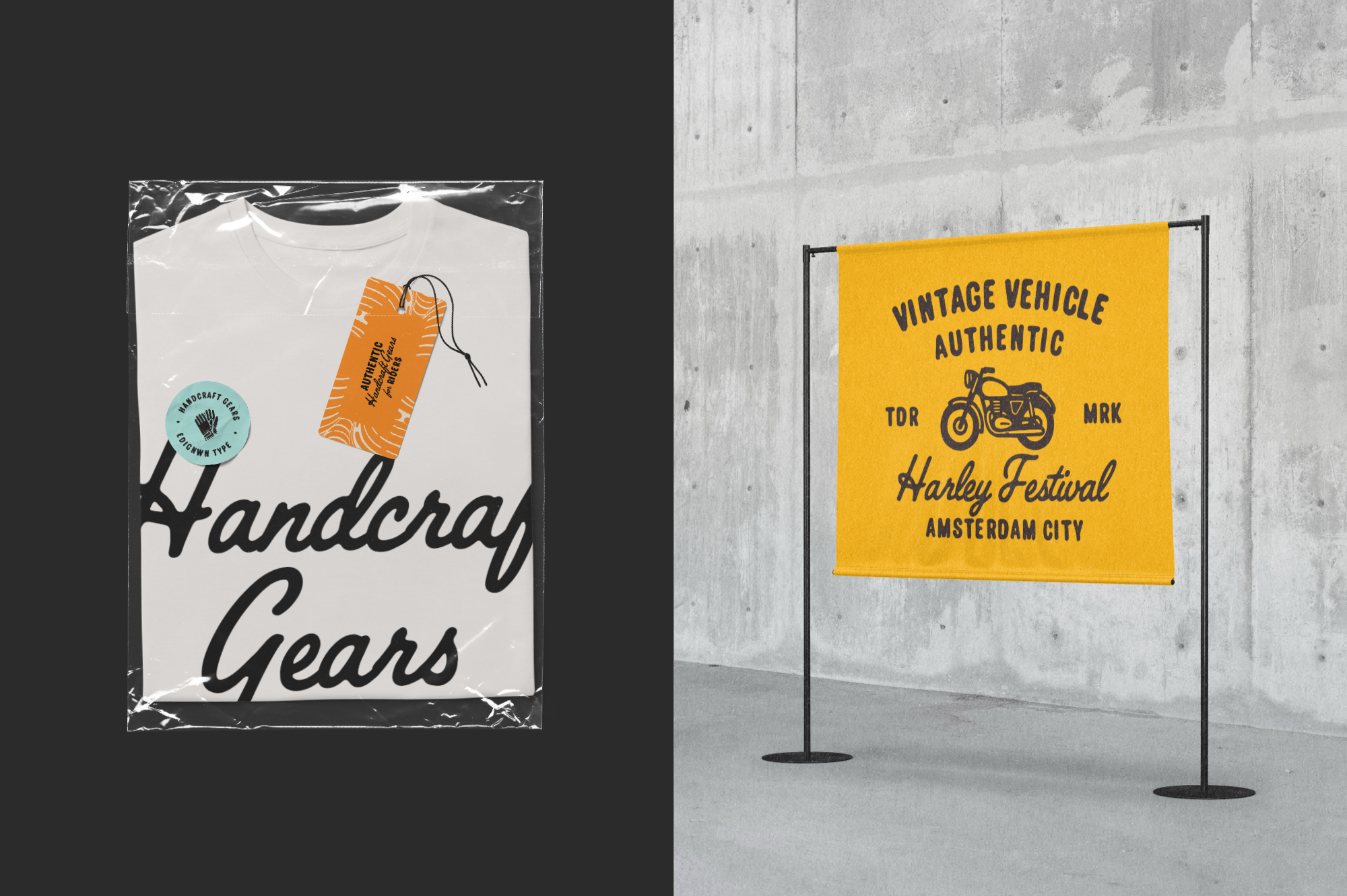 Packaged tee with vintage tag next to yellow banner flag mockup with motorcycle design on concrete wall