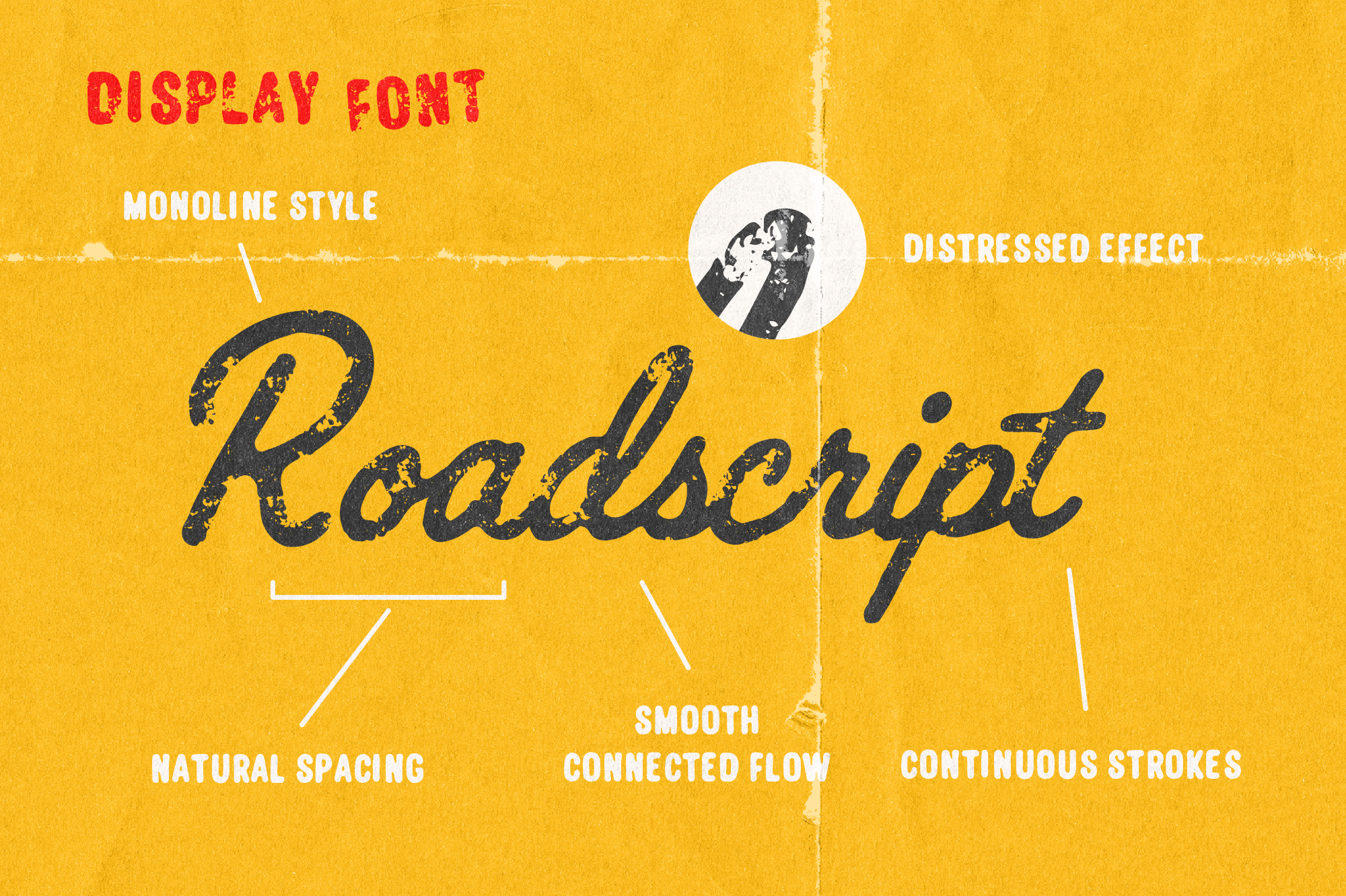 Roadscript display font with distressed texture, monoline style, smooth connected strokes on yellow background