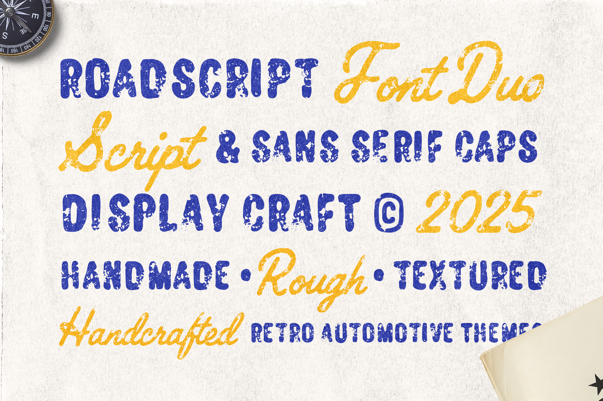 Roadscript font duo with distressed blue caps, gold script, rough texture, retro automotive vibes