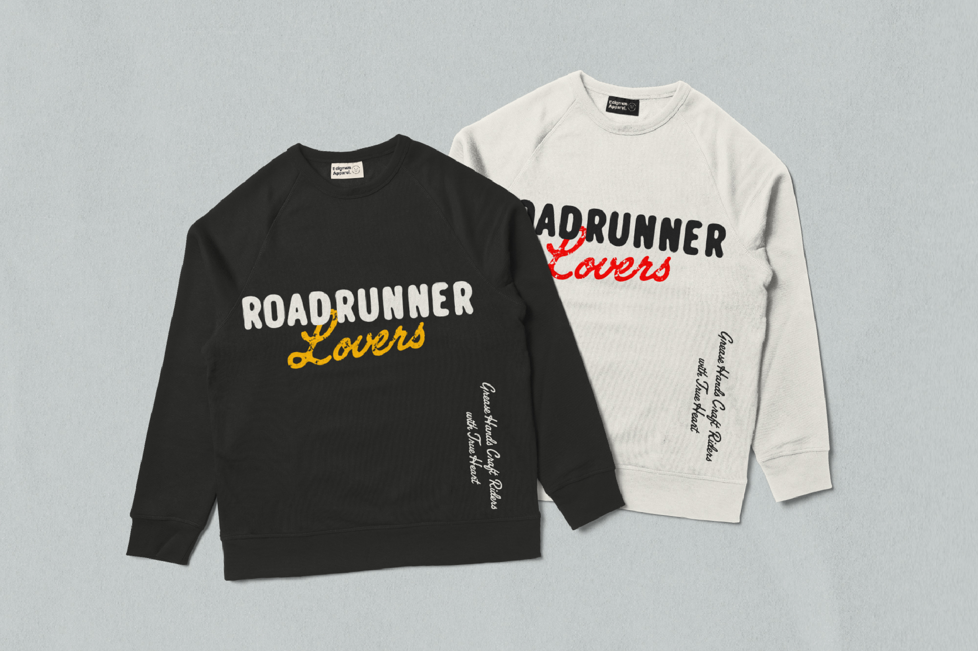 Black plus cream sweatshirt mockup with colorful roadrunner lovers graphic design on both