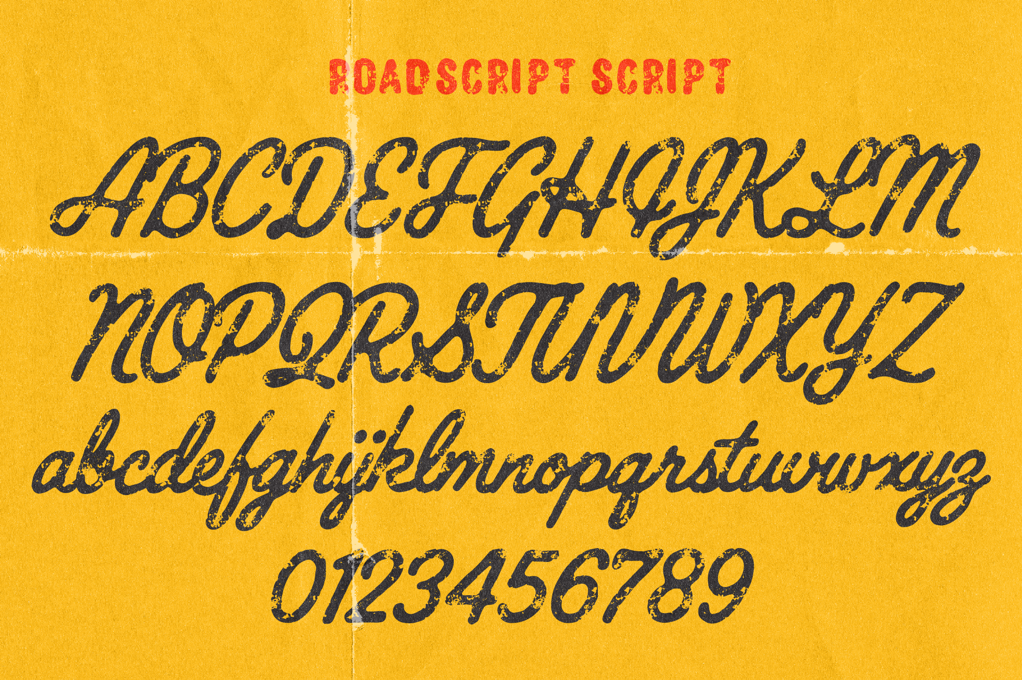 Roadscript Script font with distressed texture on golden yellow background
