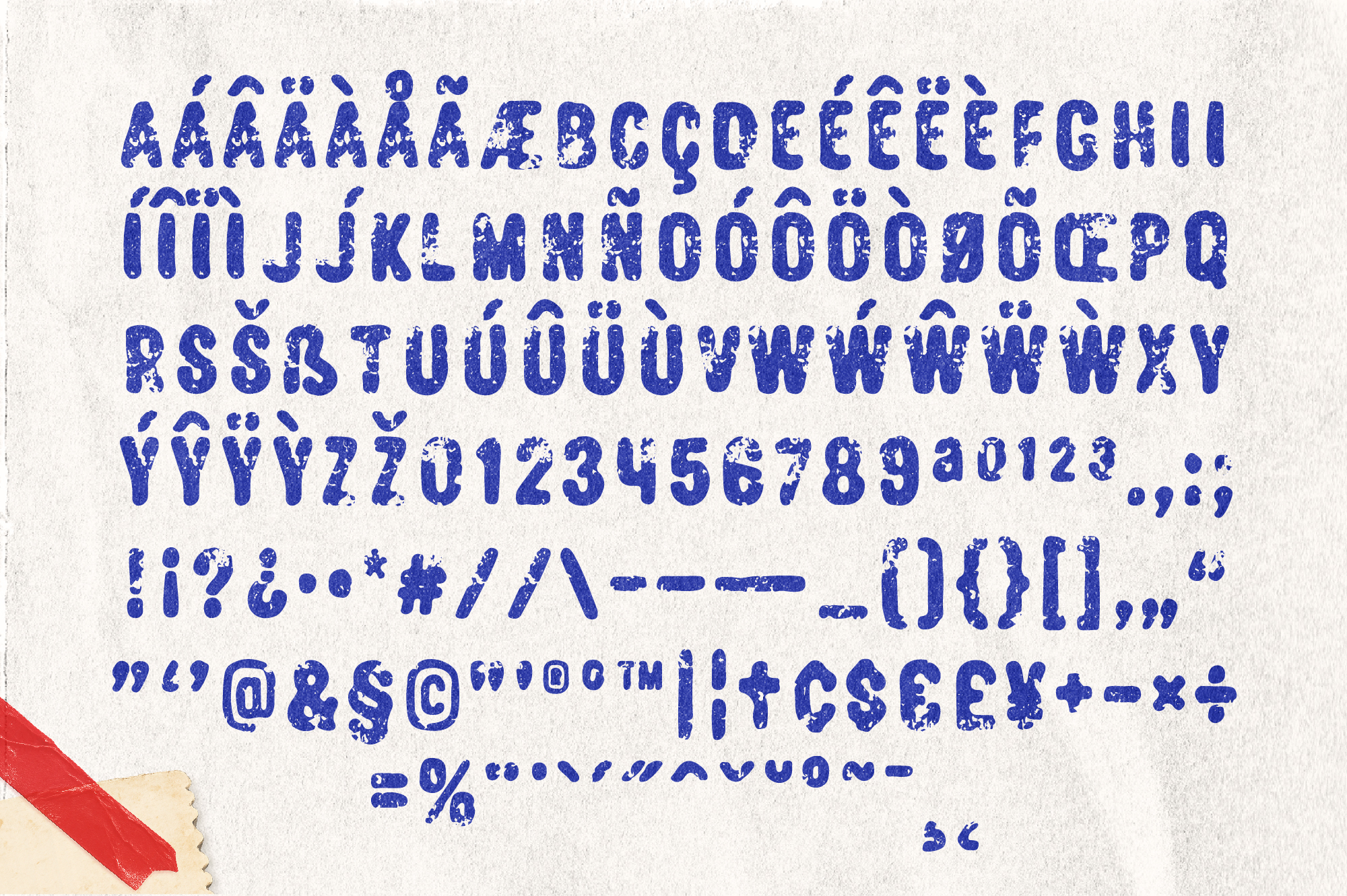 Distressed blue typeface showing full character set with letters, numbers, symbols on textured paper background