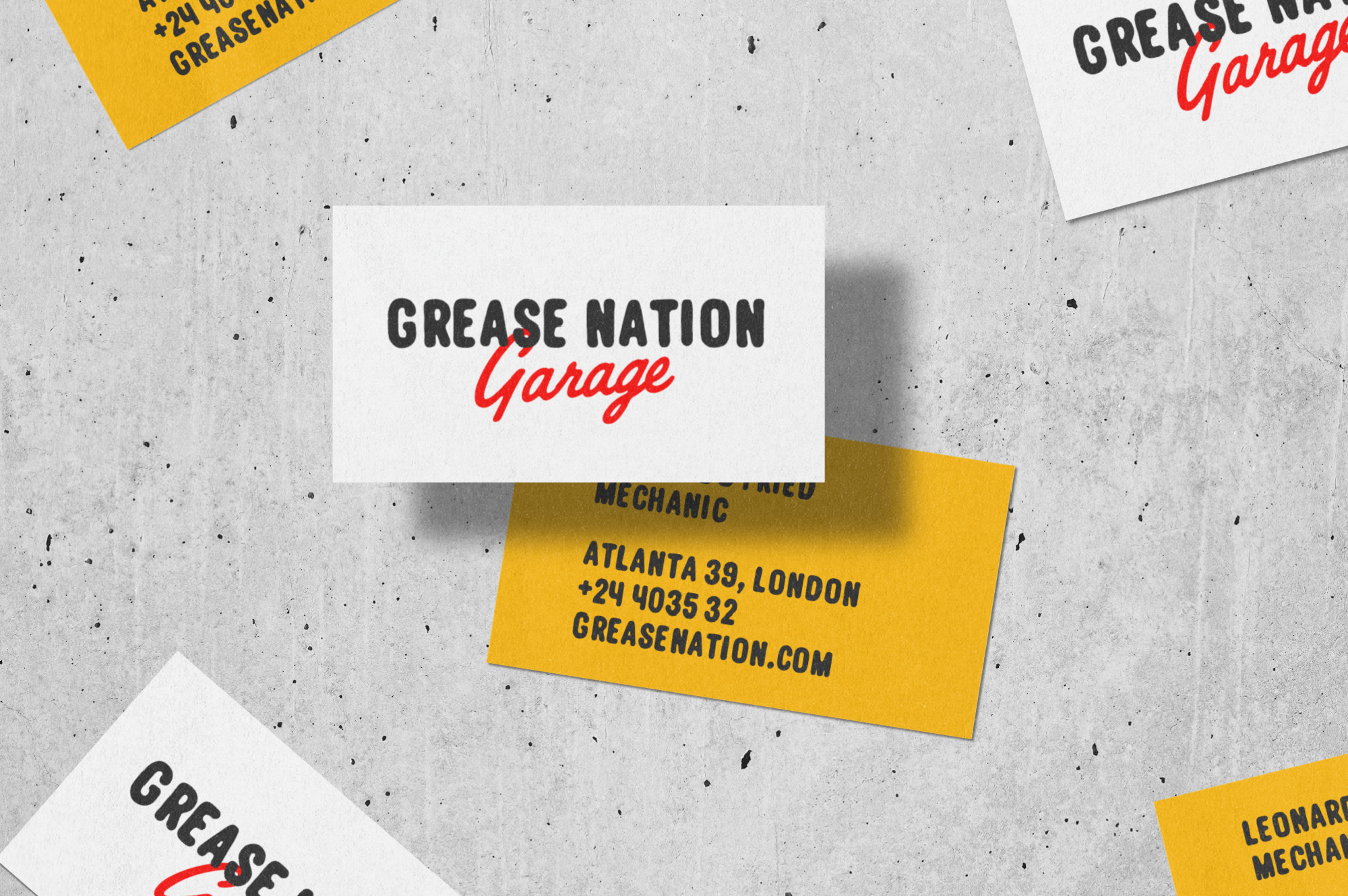 Grease Nation Garage branding mockup with business cards on concrete background
