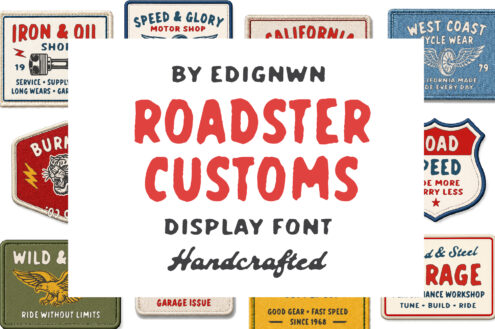 Retro roadster customs display font surrounded by vintage garage signs with worn textures