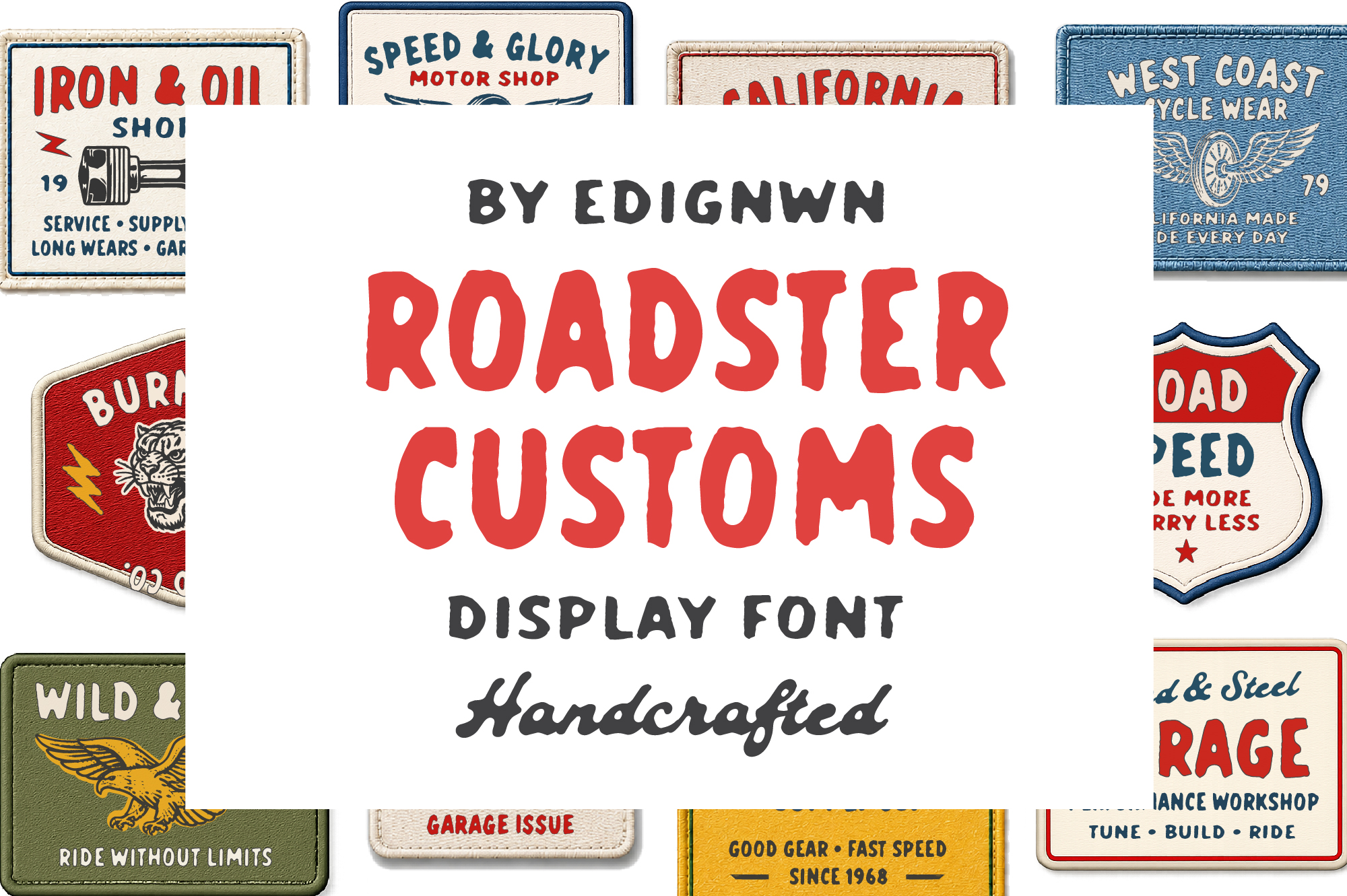 Retro roadster customs display font surrounded by vintage garage signs with worn textures