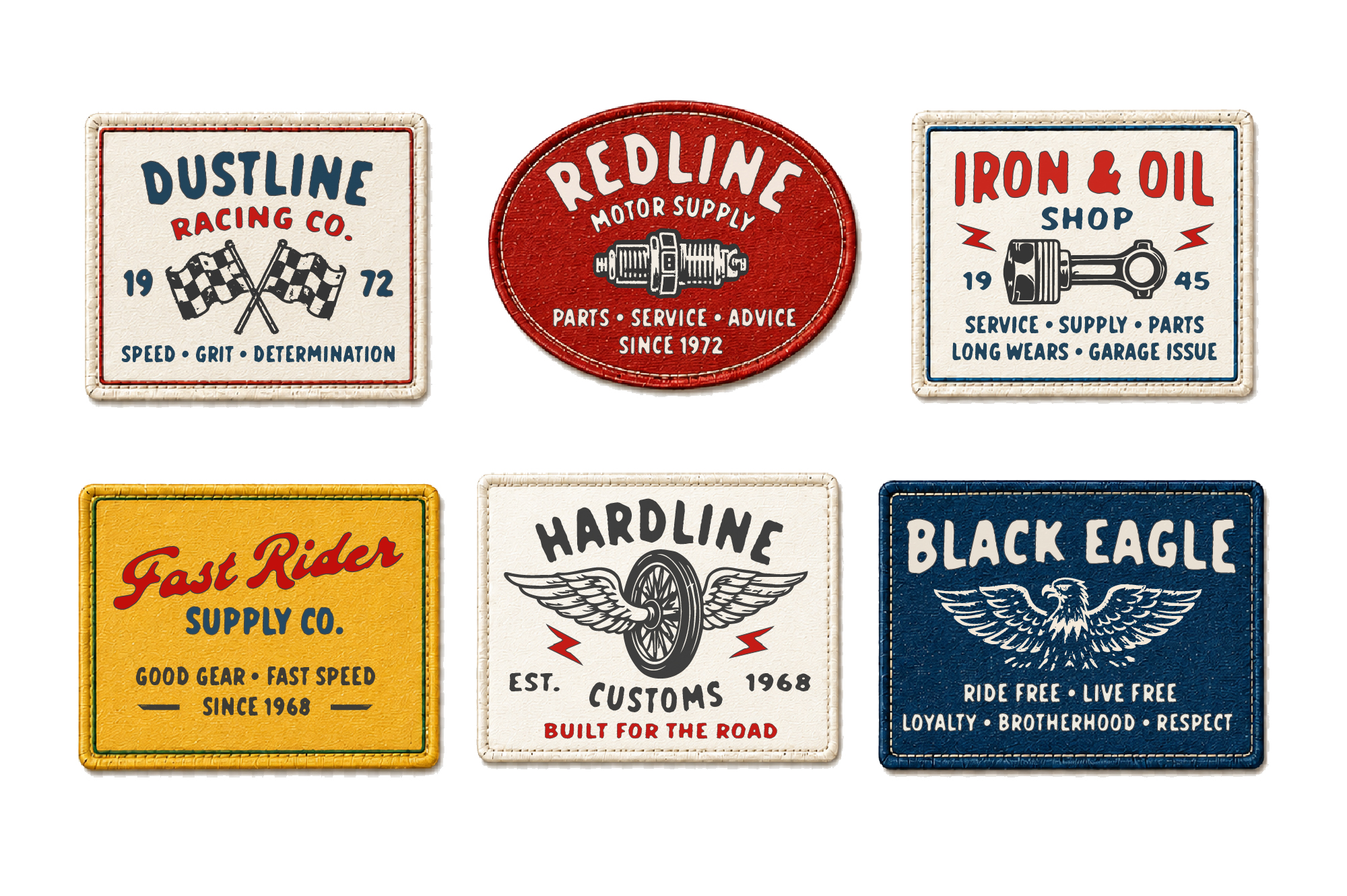 Vintage garage signs mockup with six retro metal badges in red, yellow, blue featuring racing, motor supply, customs themes