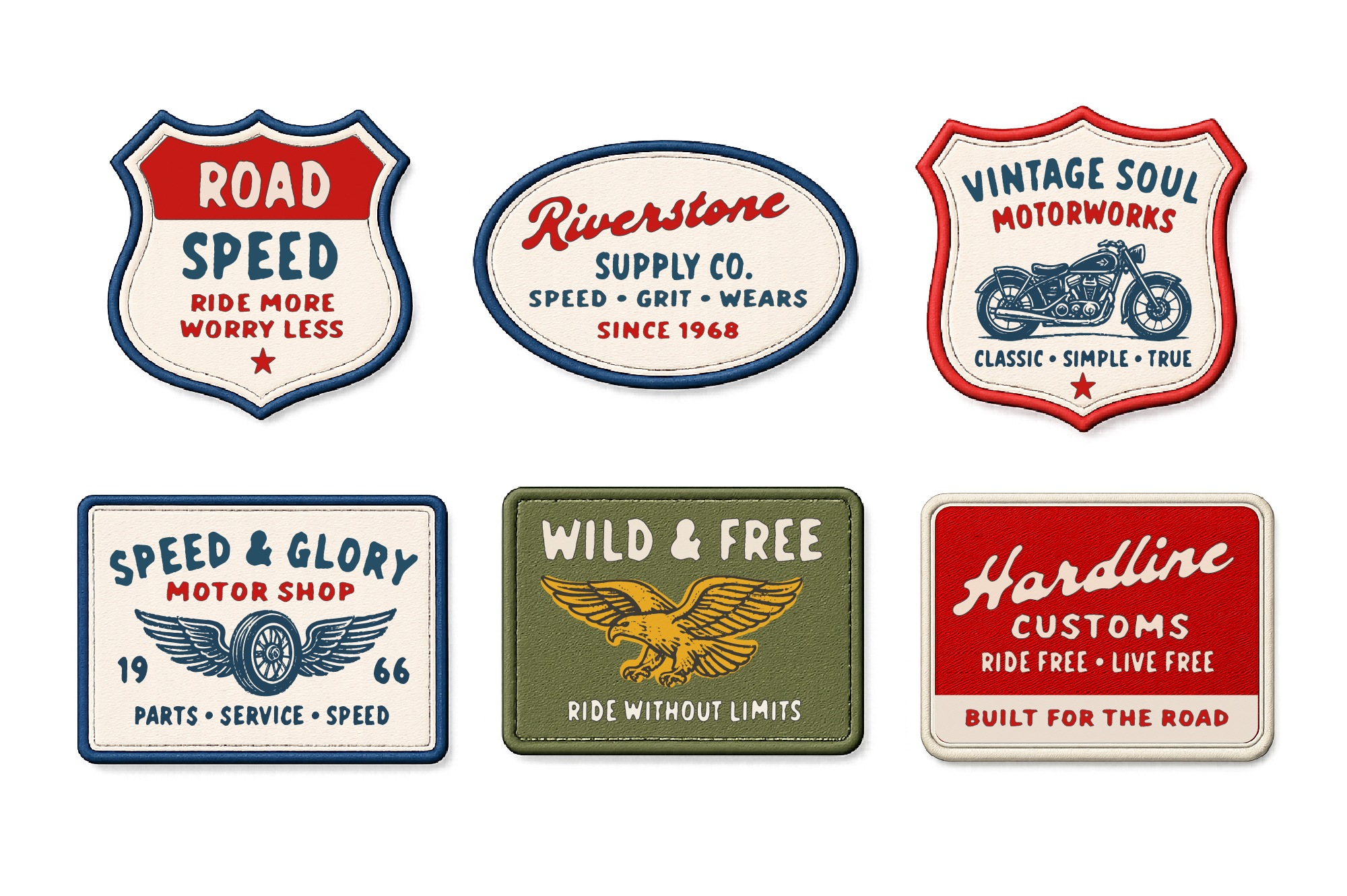 Retro motorcycle shop badges with vintage 1960s vibes, red, navy, cream colors throughout