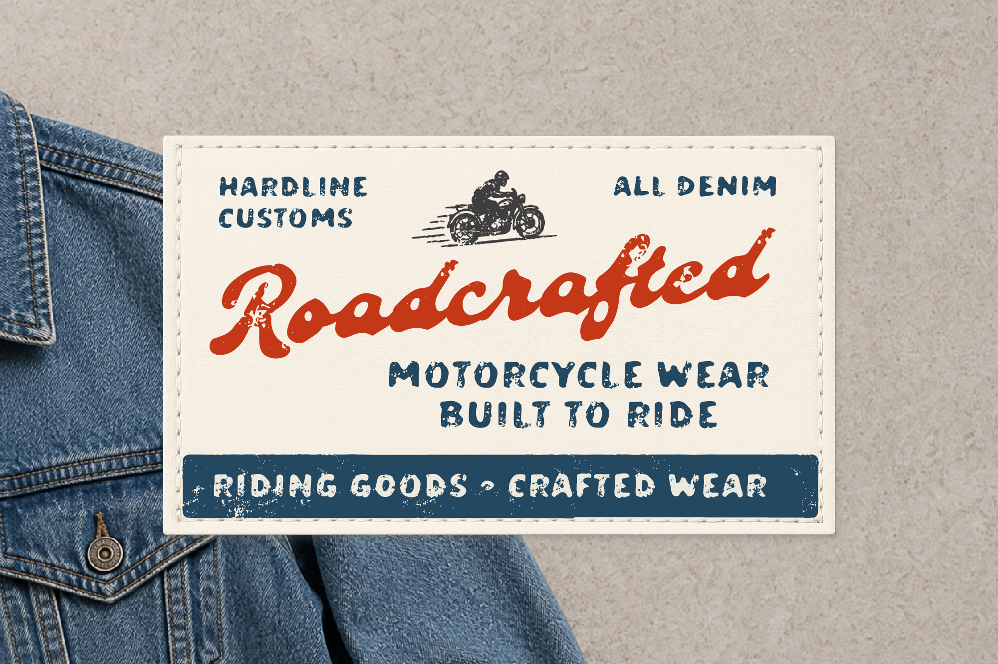 Vintage motorcycle label mockup with denim jacket, retro badge design in red type