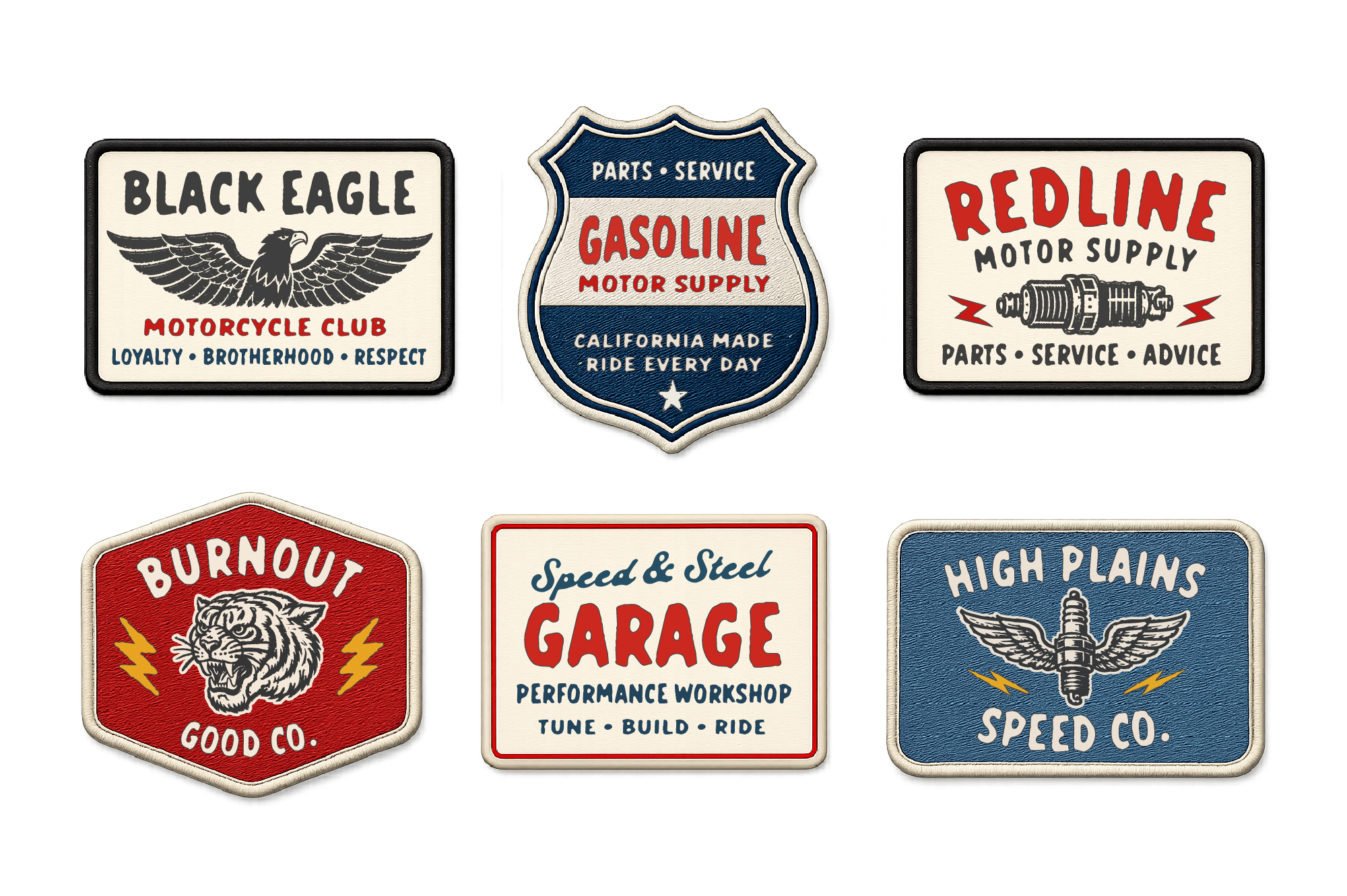 Vintage motorcycle garage patches with eagle, tiger, spark plug designs in red, navy, cream