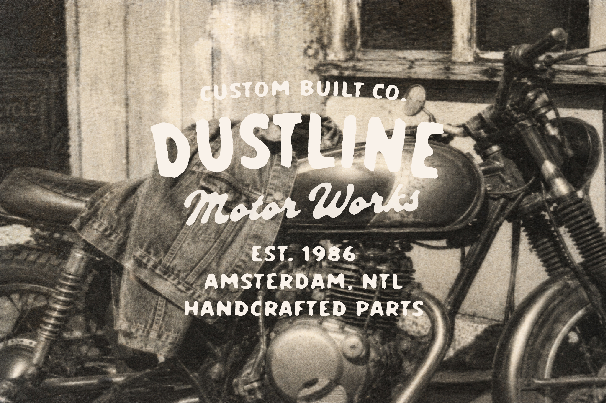 Vintage sepia motorcycle engine with retro typography overlay for Custom Built Co Dustline Motor Works branding mockup