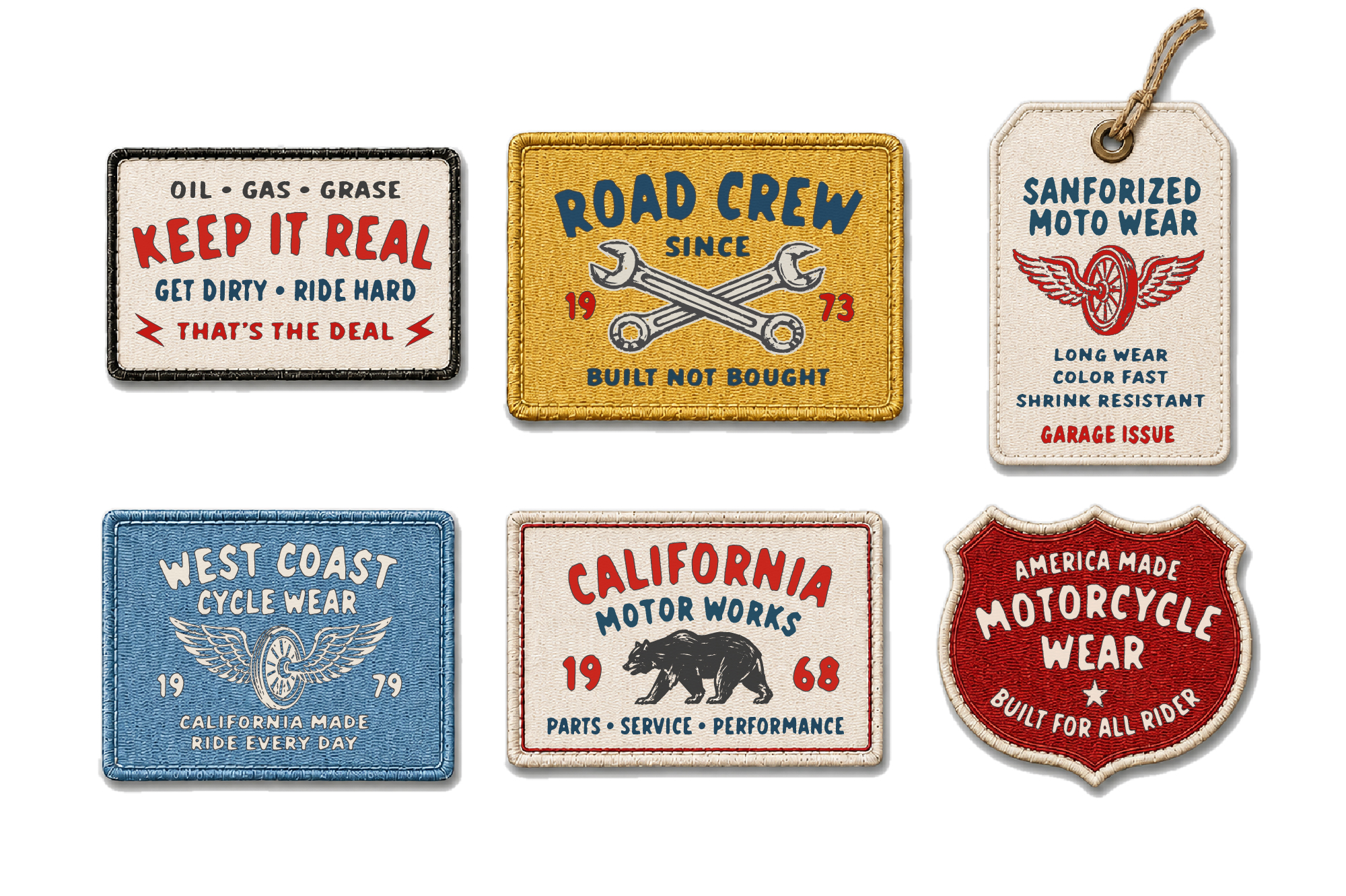 Vintage motorcycle patches with retro text, wrenches, wings, bears, embroidered fabric badges on white background