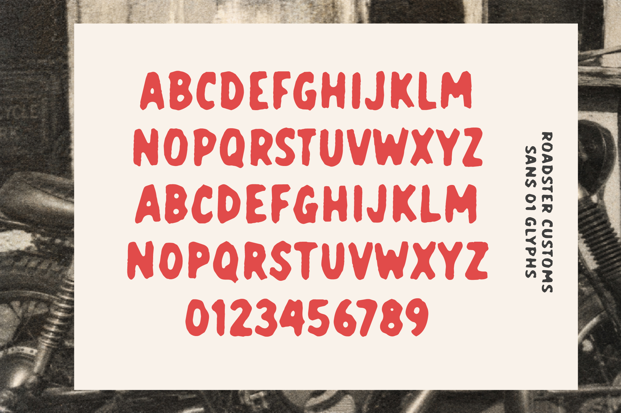 Roadster custom sans font in bright red with full alphabet, numbers, plus vertical text sample