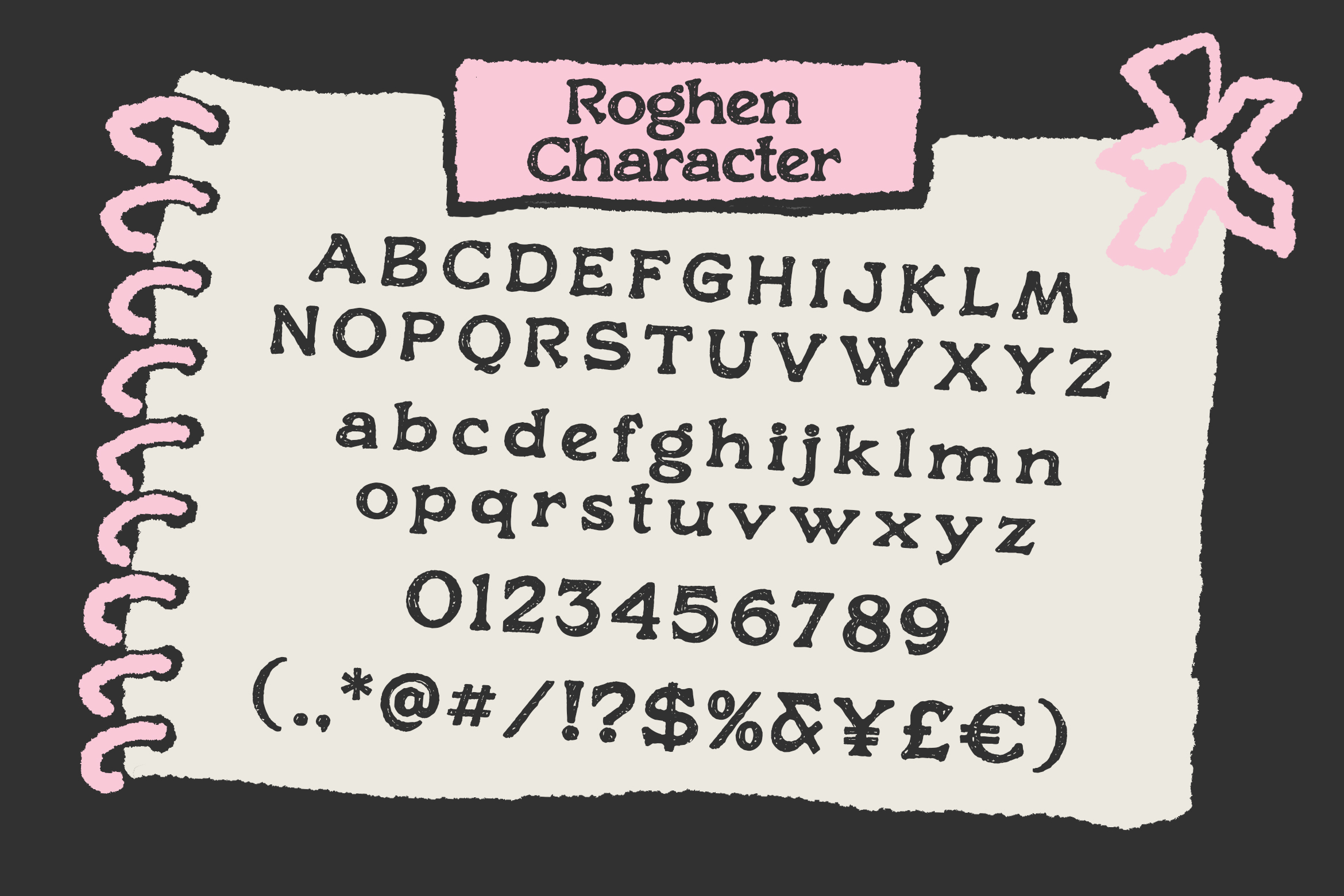 Roghen Character font display showing uppercase, lowercase, numbers, plus symbols on spiral notebook page