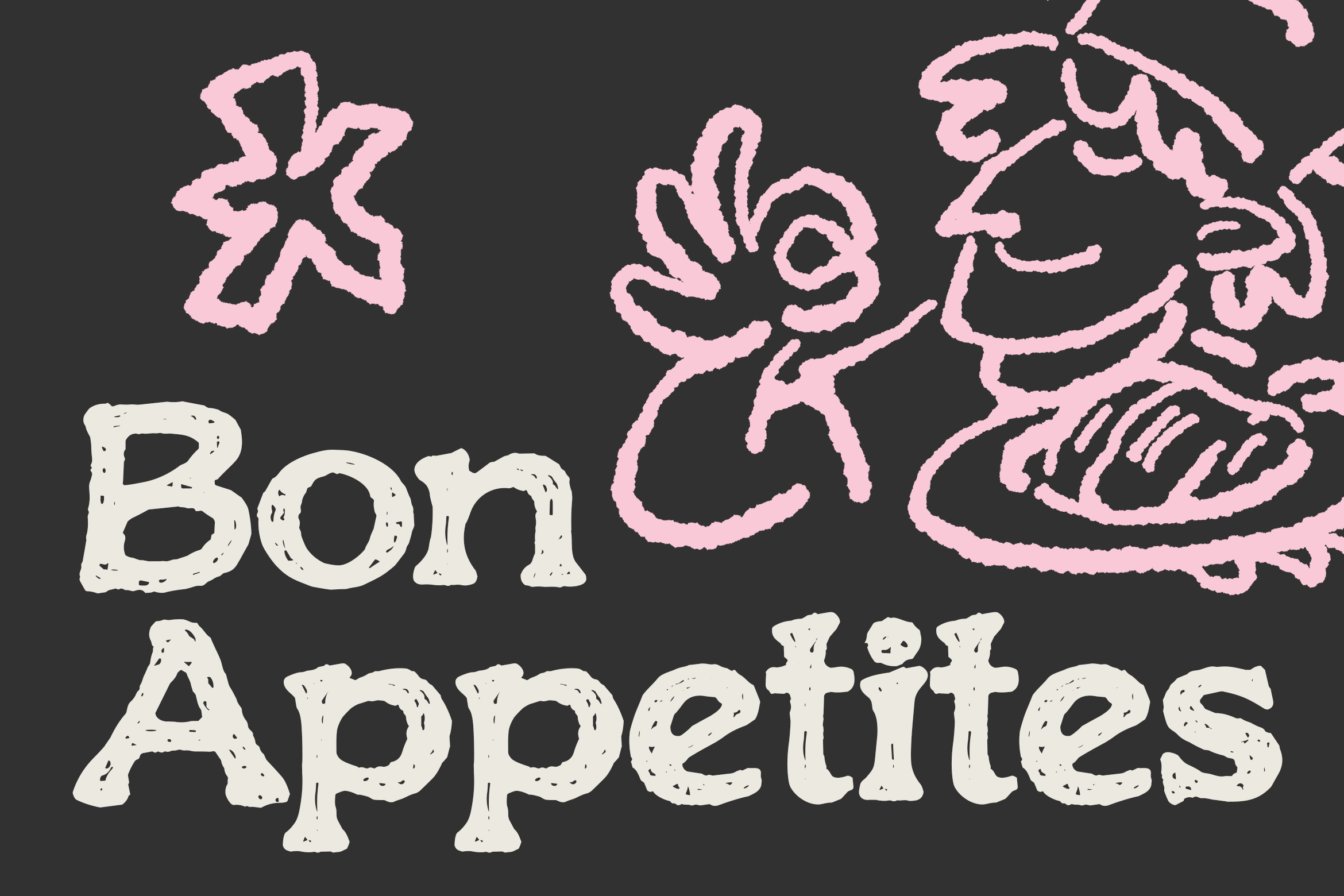 Bon Appetites font with pink hand-drawn food doodles on dark background