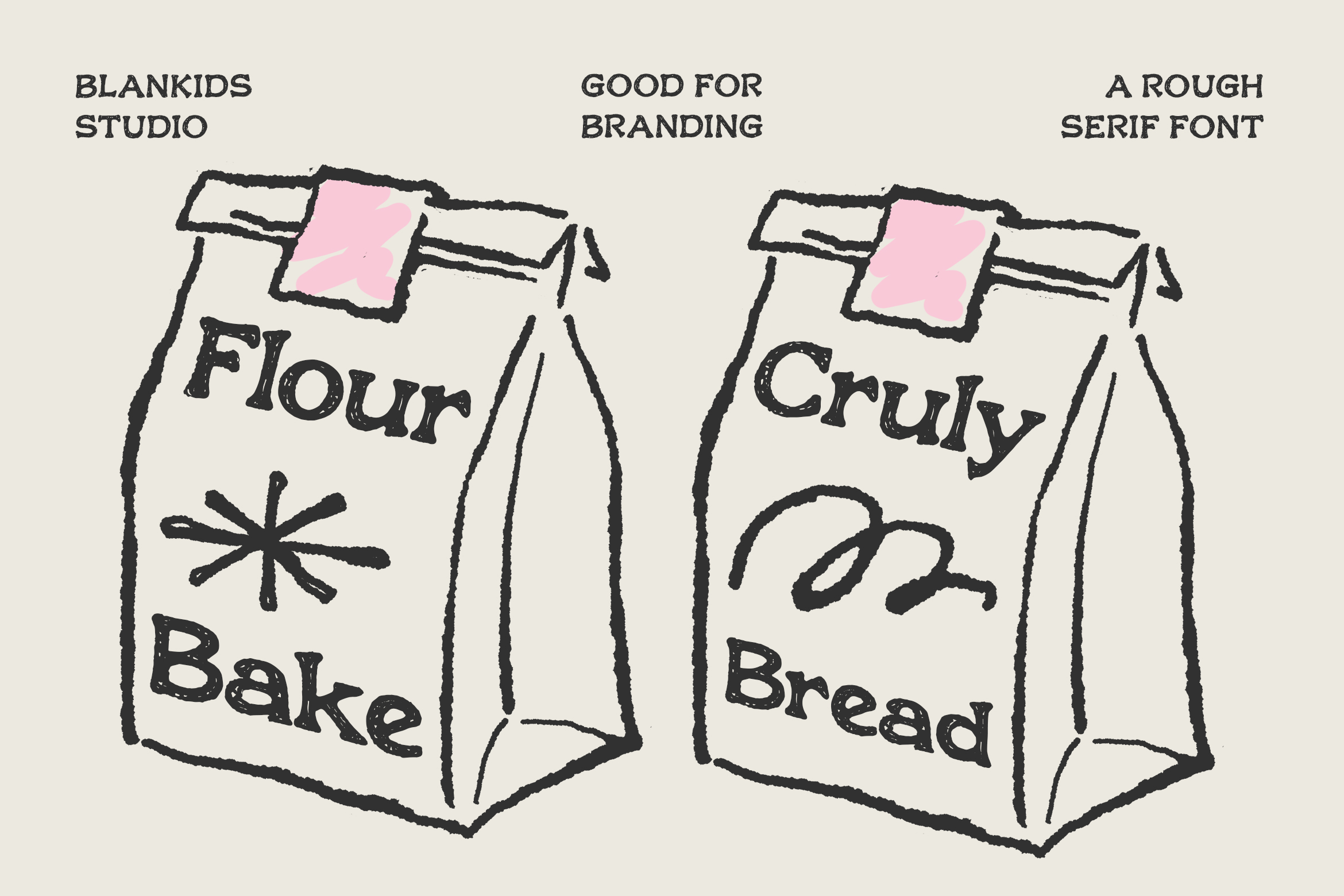 Hand-drawn bakery packaging mockup with rough serif typeface on flour, bread bags