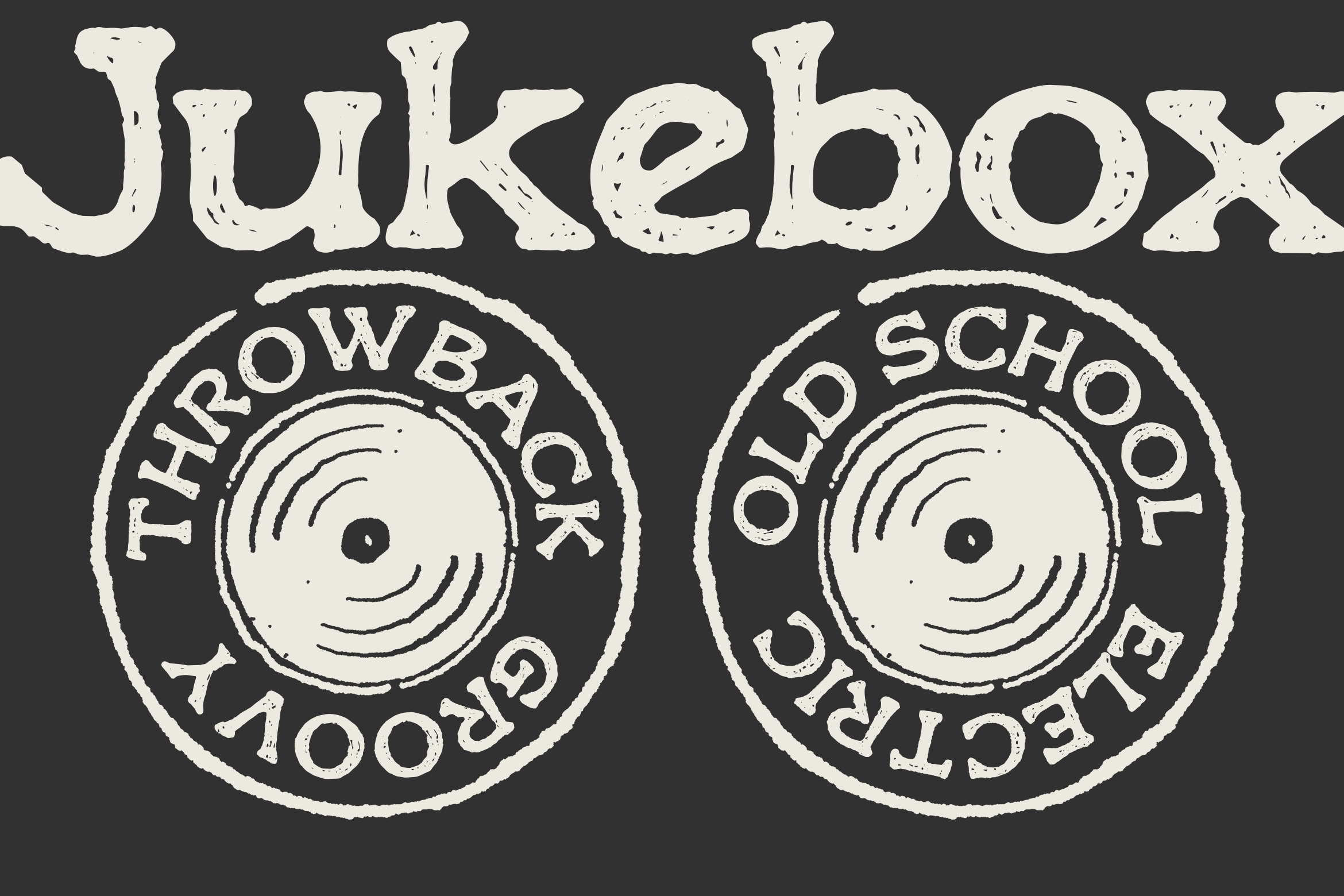 Jukebox font with two circular throwback school badges featuring smiley faces