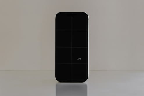 iPhone 14 Pro mockup with 8 customizable screens on neutral gray background