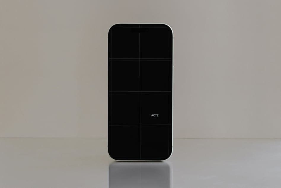 iPhone 14 Pro mockup with 8 customizable screens on neutral gray background