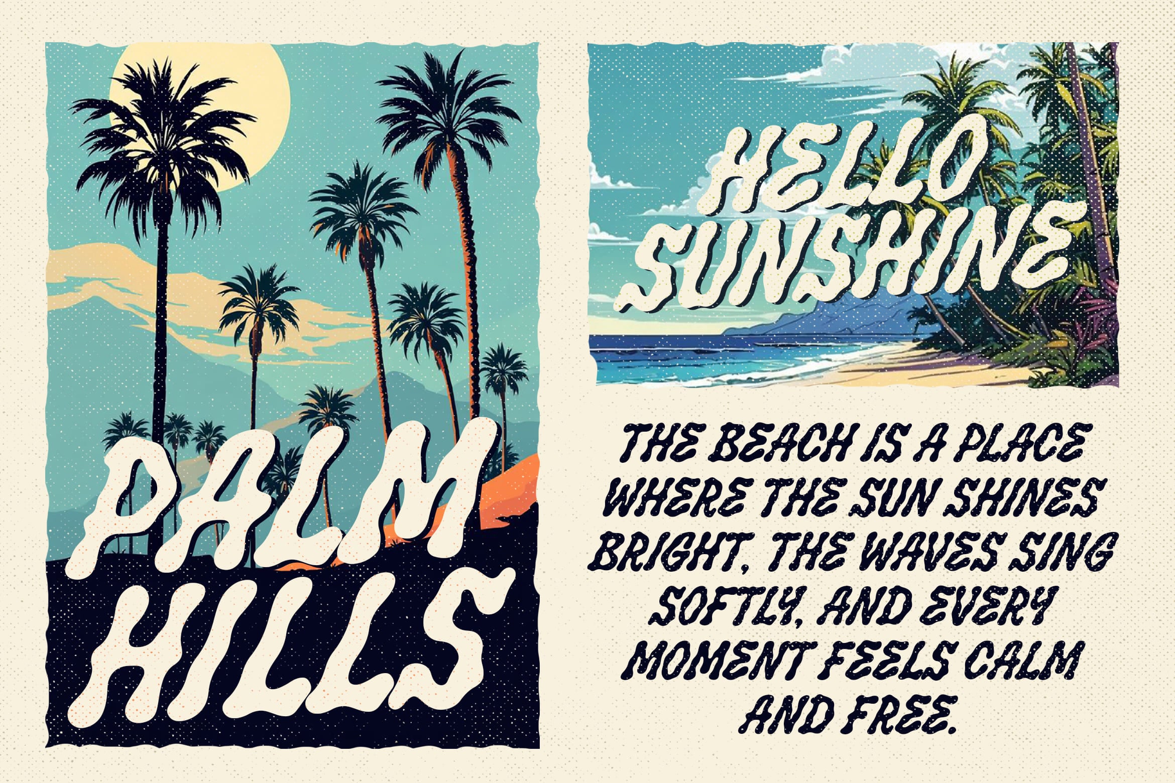 Vintage-style beach poster with palm trees, wavy text saying "hello hills", tropical vibes