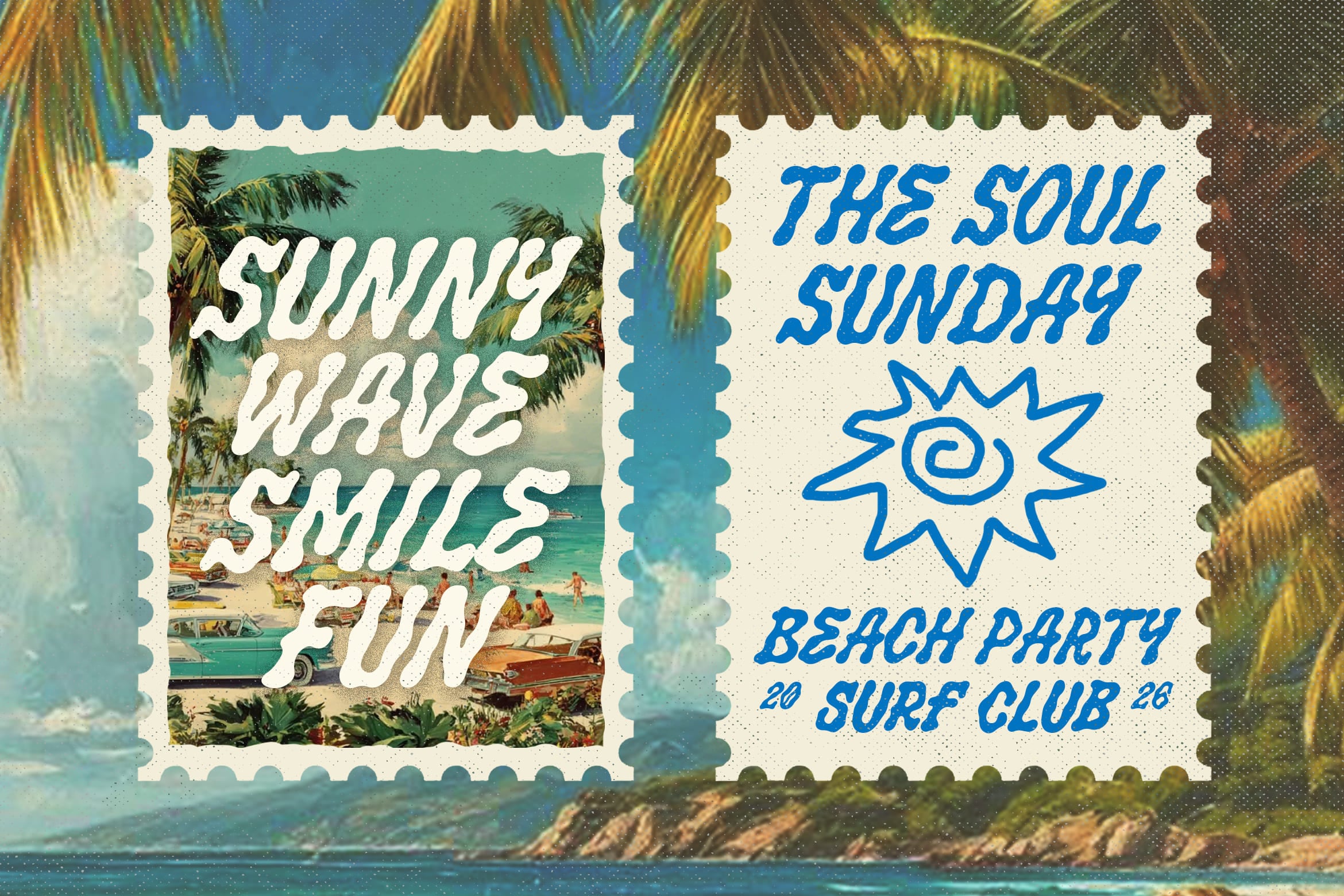 Retro stamp mockup with sunny vibes text over vintage beach scene, blue sun drawing on right