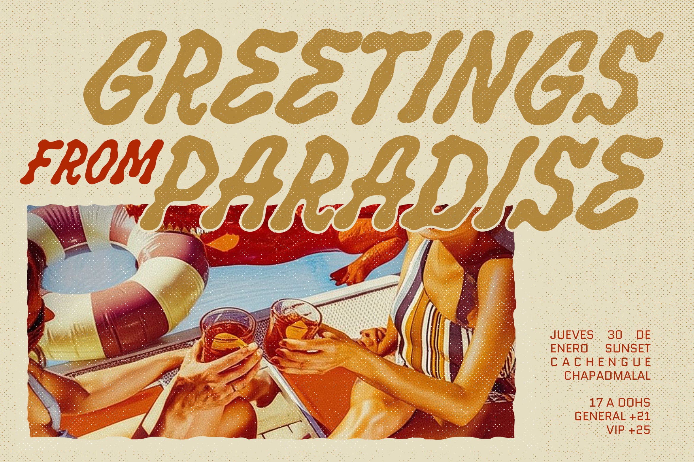 Retro beach party poster with poolside vibes, vintage typography, summer drinks, colorful text overlay