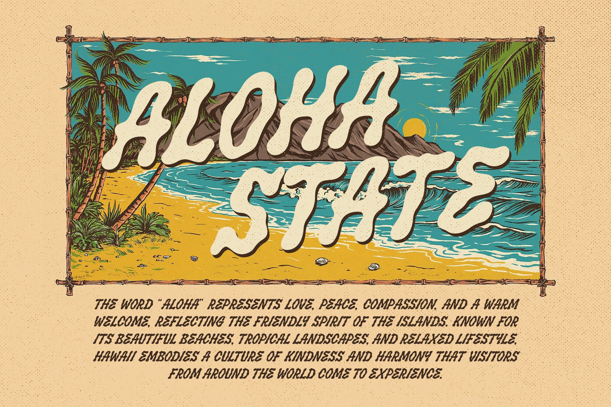 Retro Hawaii poster with wavy cream lettering over beach scene, palm trees, mountains, ocean, set in bamboo frame