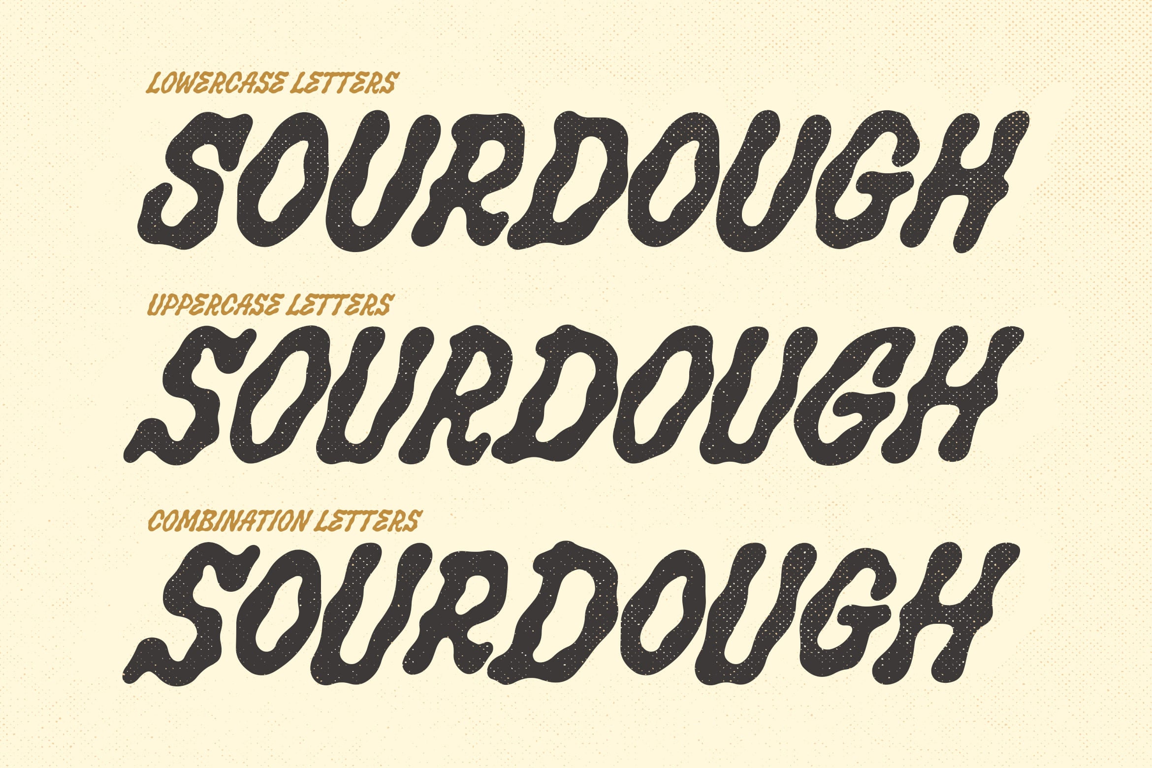 Sourdough font showing lowercase, uppercase, plus combination letters with speckled texture