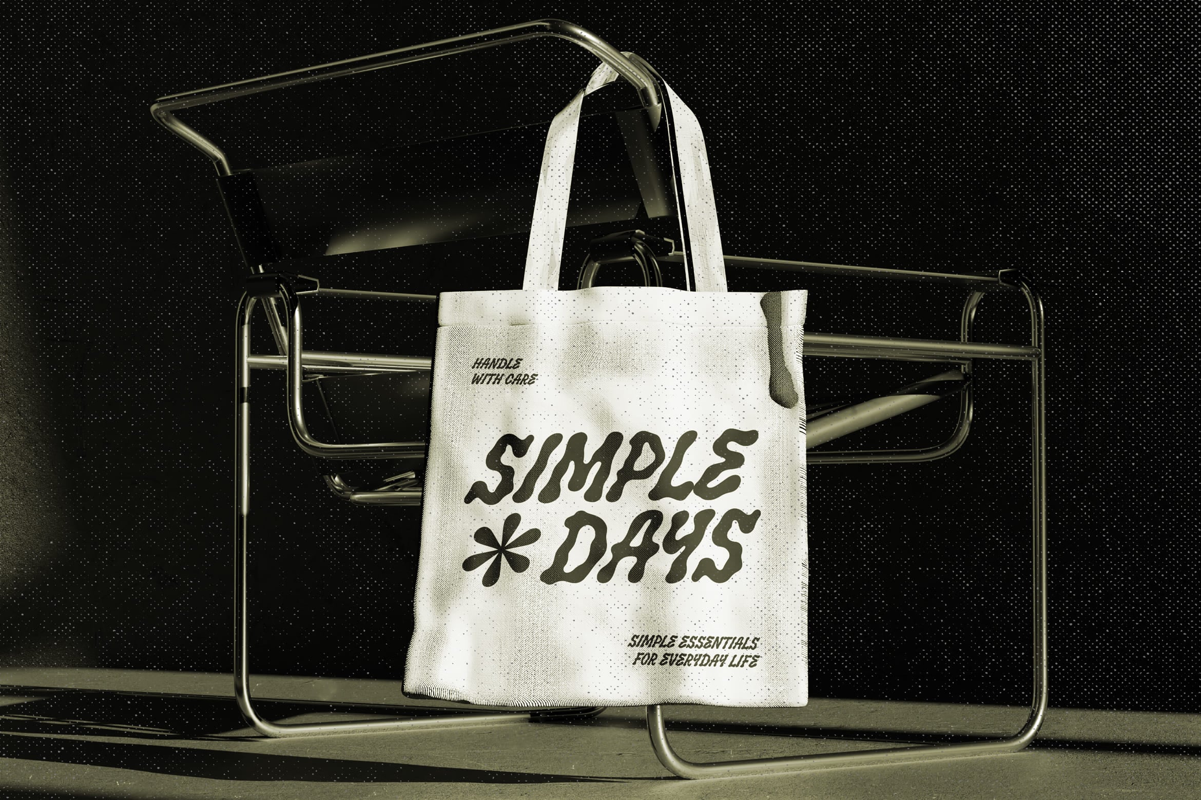 Cream tote bag with "Simple Days" text hanging on open car door against dark background