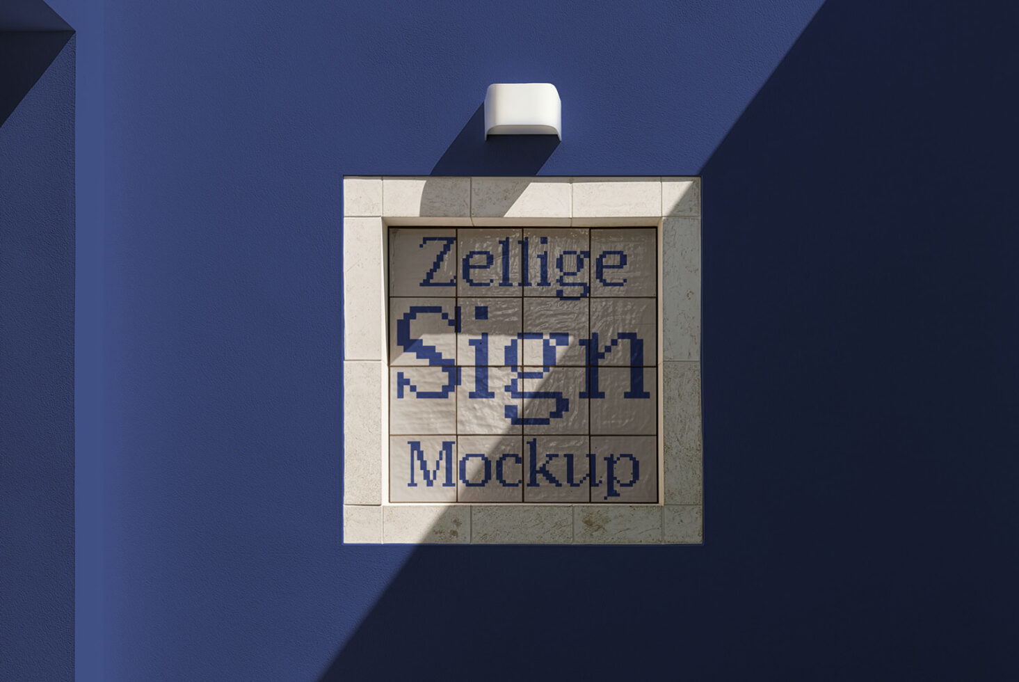 Square soap bottle mockup with tiled texture on deep blue background with studio lighting