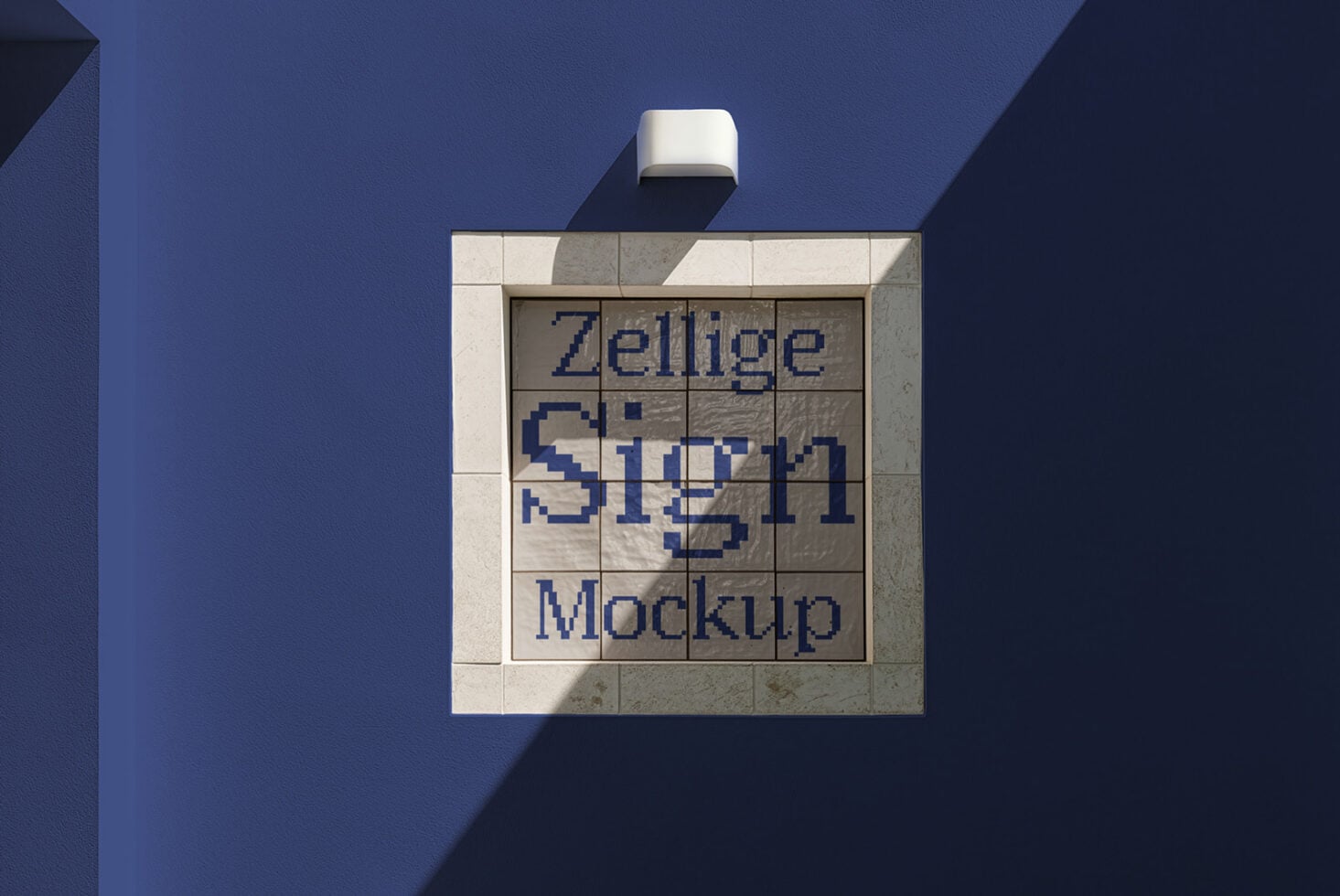 Square soap bottle mockup with tiled texture on deep blue background with dramatic shadows