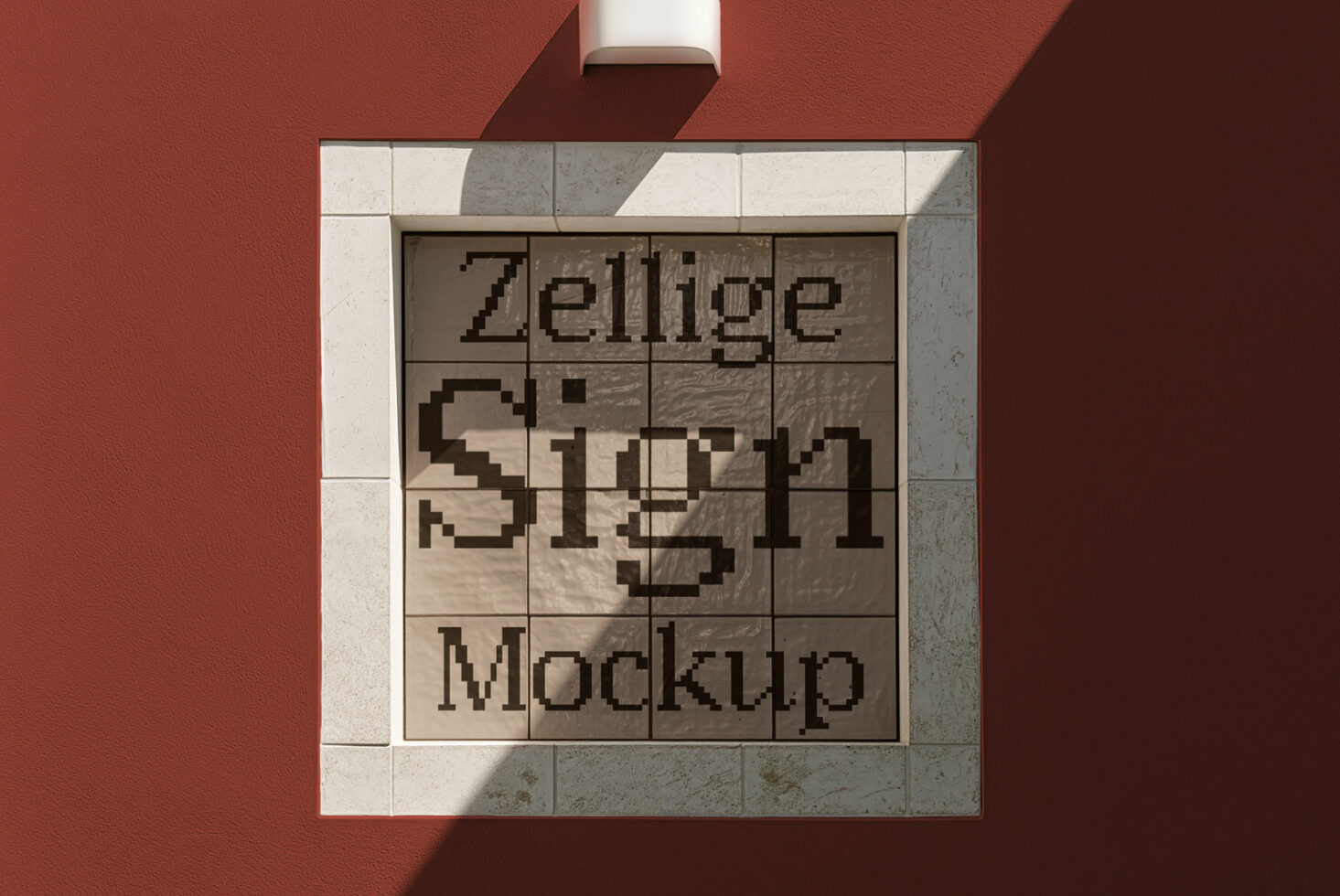 Overhead shot of tileable sign mockup on terracotta wall with concrete tile frame casting sharp shadows