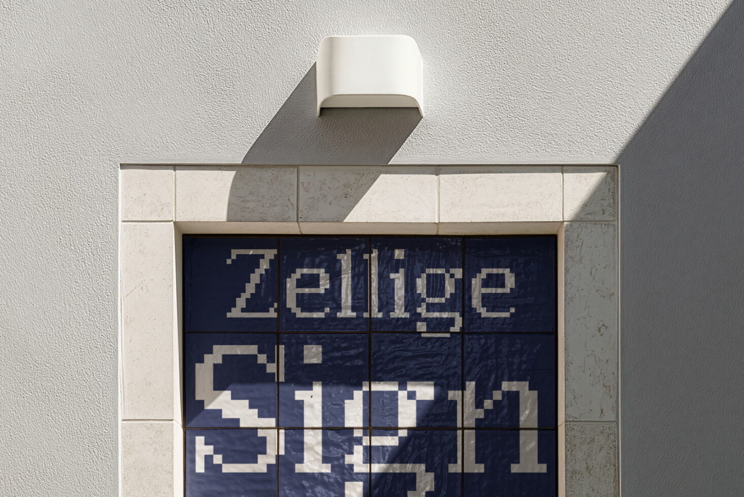 Storefront window mockup with pixelated navy display showing customizable text on cream tile facade