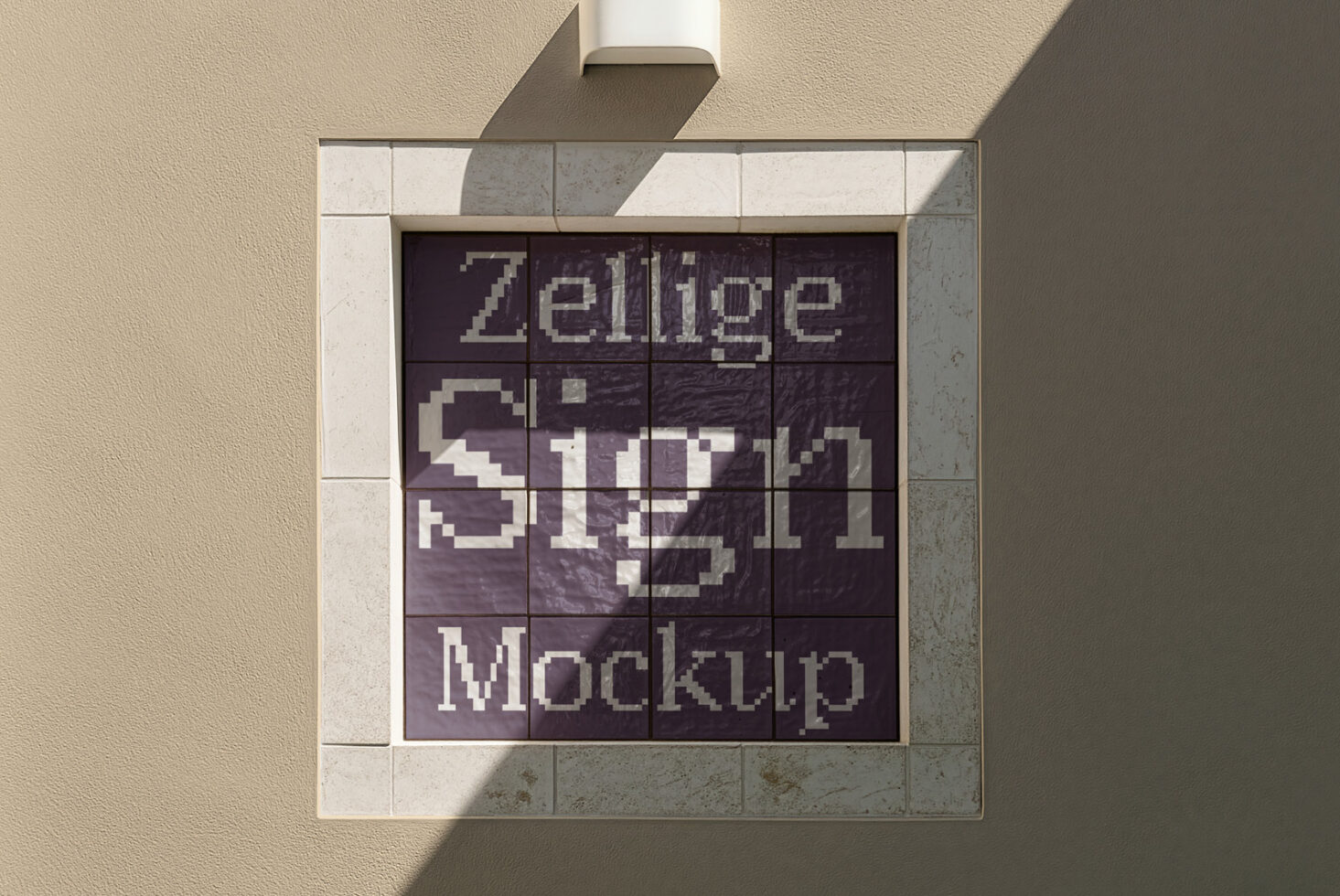 Window display mockup with pixelated retro text on dark glass tiles surrounded by marble frame