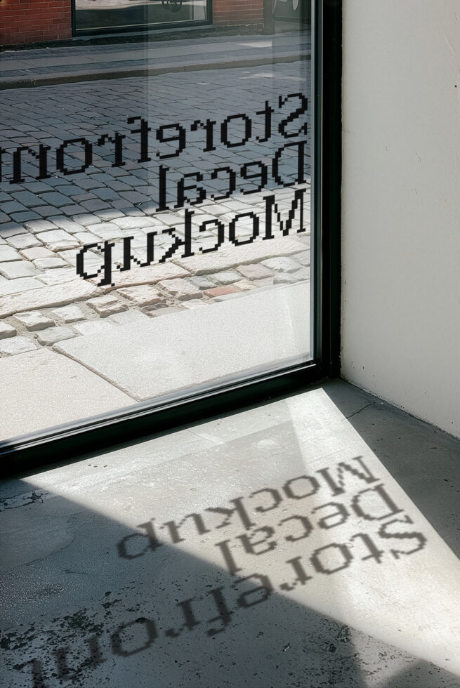 Window reflection mockup with pixelated text casting shadows on storefront glass
