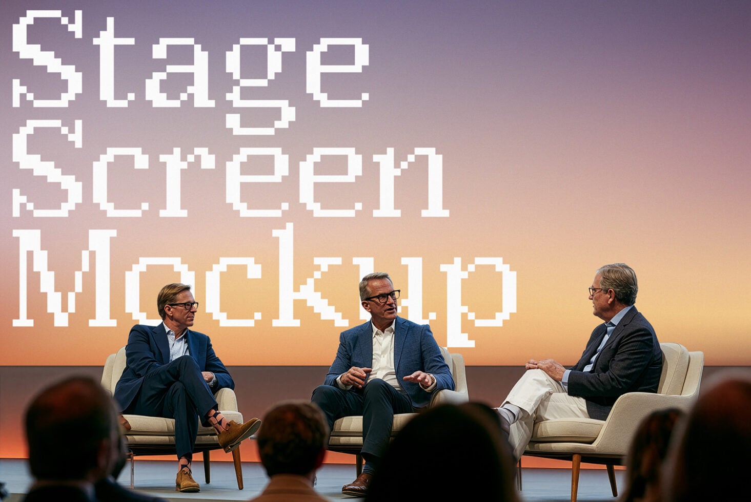 Stage screen mockup with three men in business casual sitting on beige chairs during panel discussion