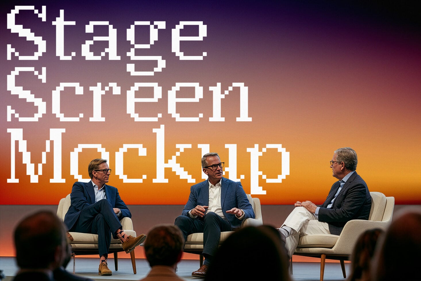 Three men in business casual sitting on stage having a panel discussion with pixelated "Stage Screen Mockup" text backdrop