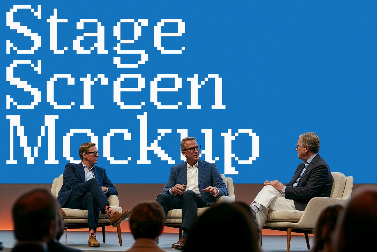 Three men in business casual seated on stage having a conversation with pixel art text backdrop