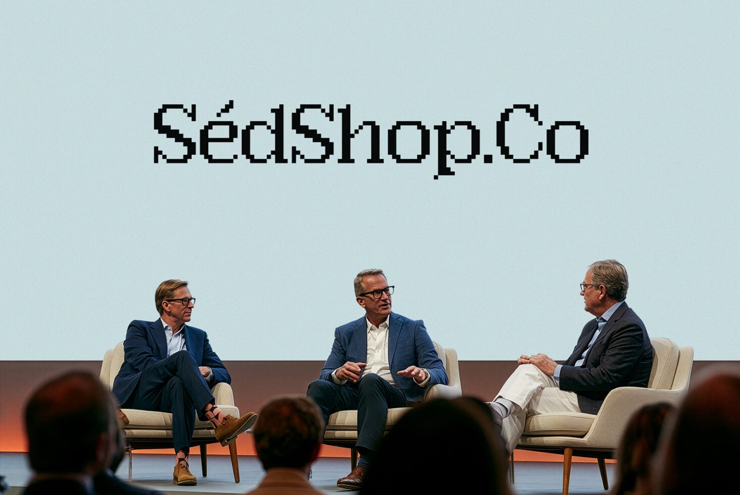 Three men in business casual sitting on stage having a conversation with pixel art SedShop100 text above